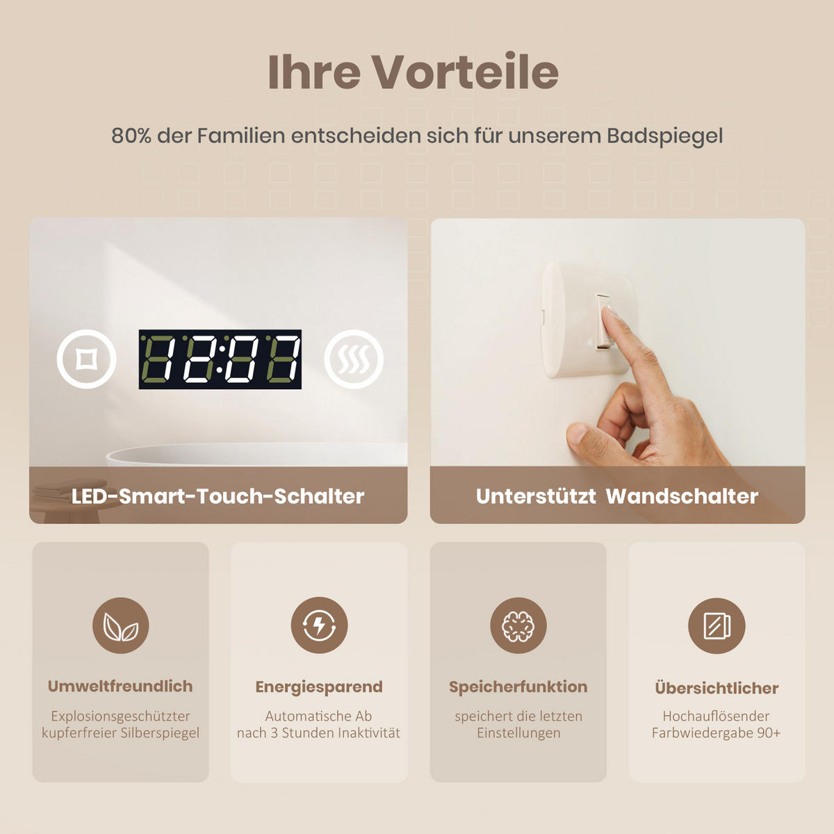 BADSPIEGEL mit Beleuchtung mit Integriertem Schminkspiegel 90/70 cm - Weiß, Glas (50/3.5/70cm) - EMKE