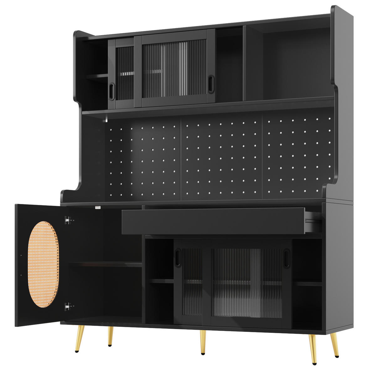 BUFFETSCHRANK 145/39/171 cm schwarz aus MDF mit LED-Lichtleiste - Schwarz, Holzwerkstoff (145/171/39cm) - OKWISH