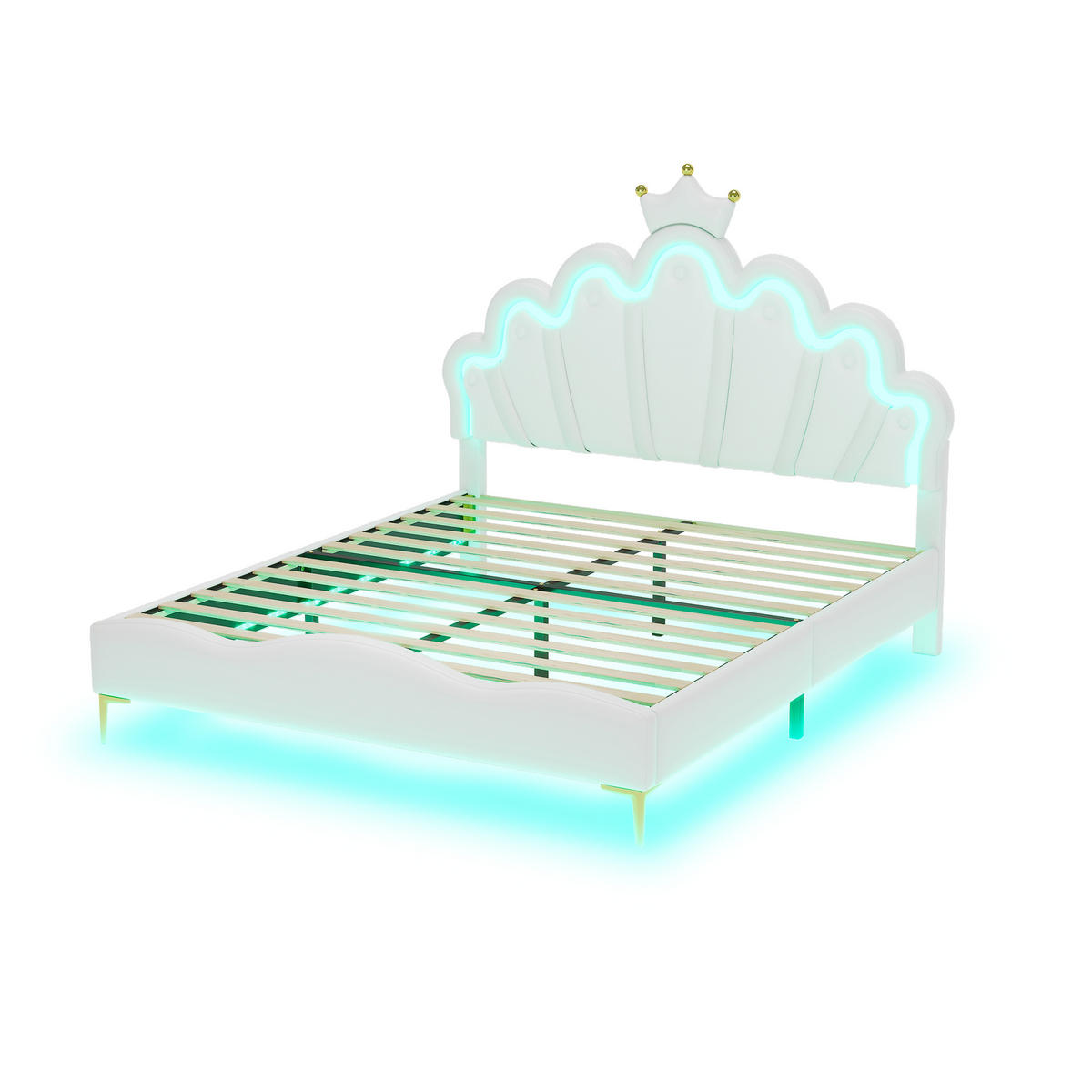 KINDERBETT 140/200 cm Weiß mit verstellbarem LED-Licht kronenförmiges Prinzessinnenbett - Weiß, Kunststoff (140/200cm) - OKWISH