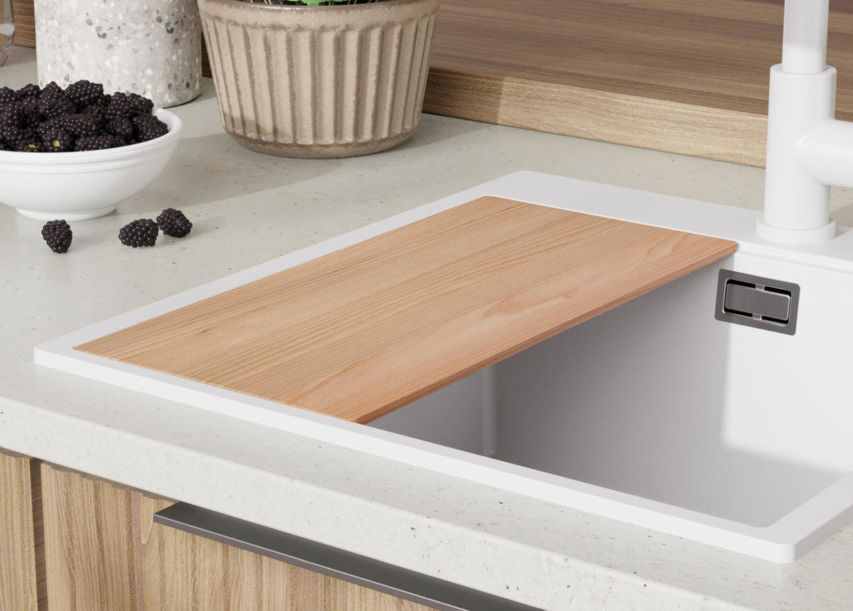 GRANITSPÜLE Oslo, 2-er set Alles Weiß 48/50 cm 1 Becken + Küchenarmatur 40/20 cm + Ablauf-Set + Schneidebrett ab 50er Unterschrank - Beige/Weiß, Kunststoff (48/20/50cm) - Primagran