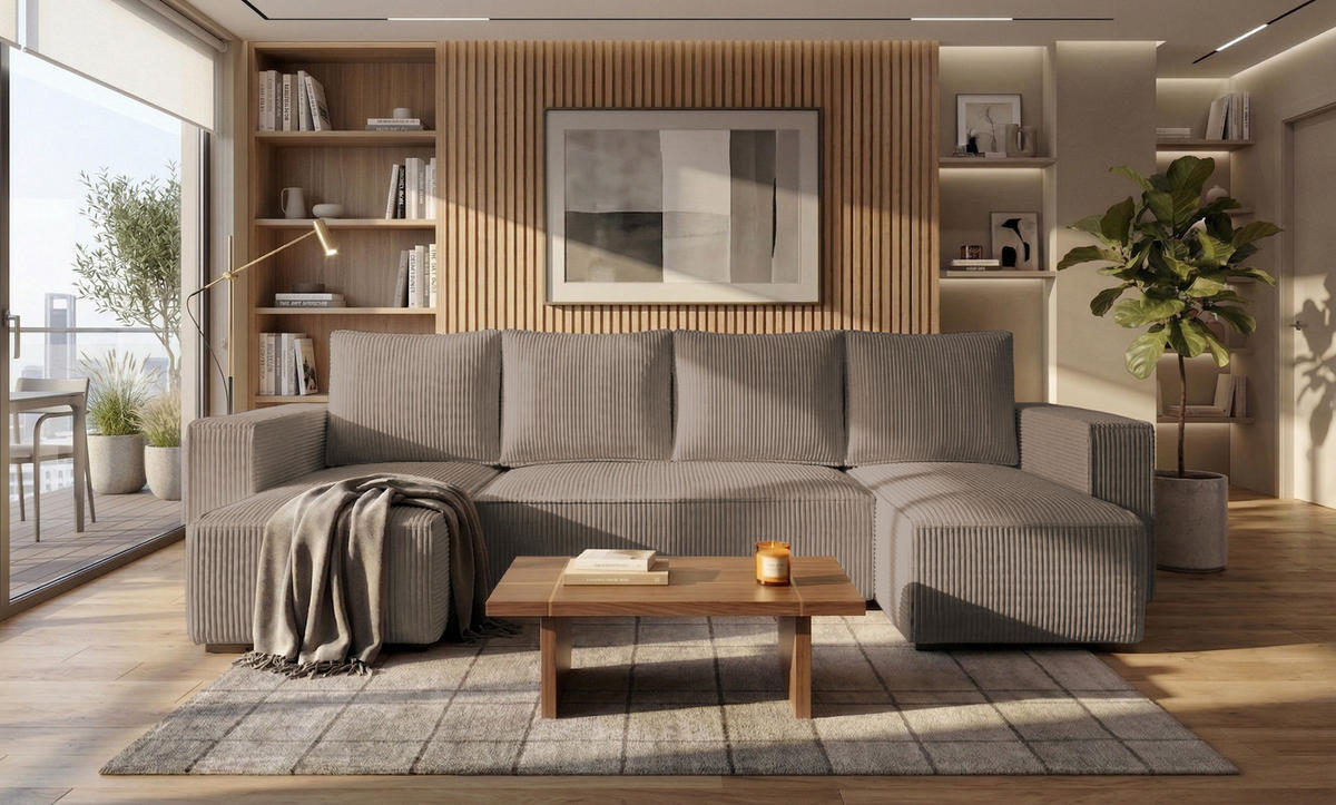 WOHNLANDSCHAFT CUDDY U mit Schlaffunktion und Bettkasten, Farbe: Braun, Cordstoff - Cappuccino, Textil (305/85/140cm) - Storez24