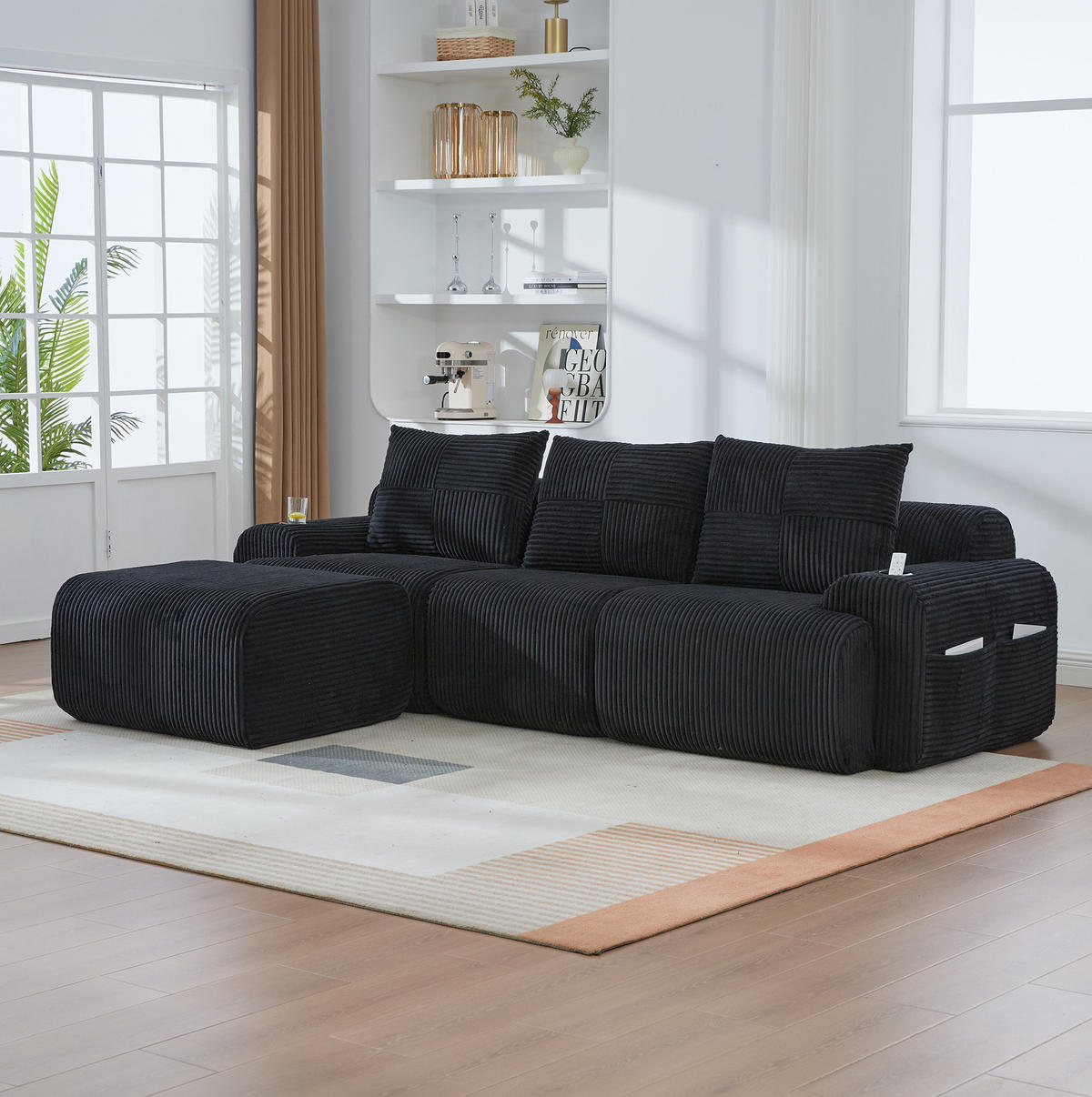SOFA modular 268 x 174 cm Cord Schwarz mit Cupholder - Schwarz, Kunststoff (174/268cm) - Meubliv