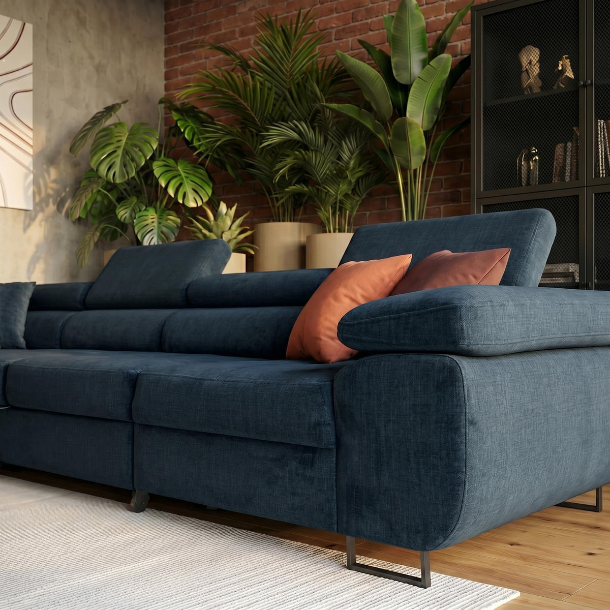 ECKSOFA WILD MAXI L Links mit Schlaffunktion 125x195 Velours Dunkelblau - Chromfarben/Dunkelblau, Holz/Textil (203/350cm) - Muffo