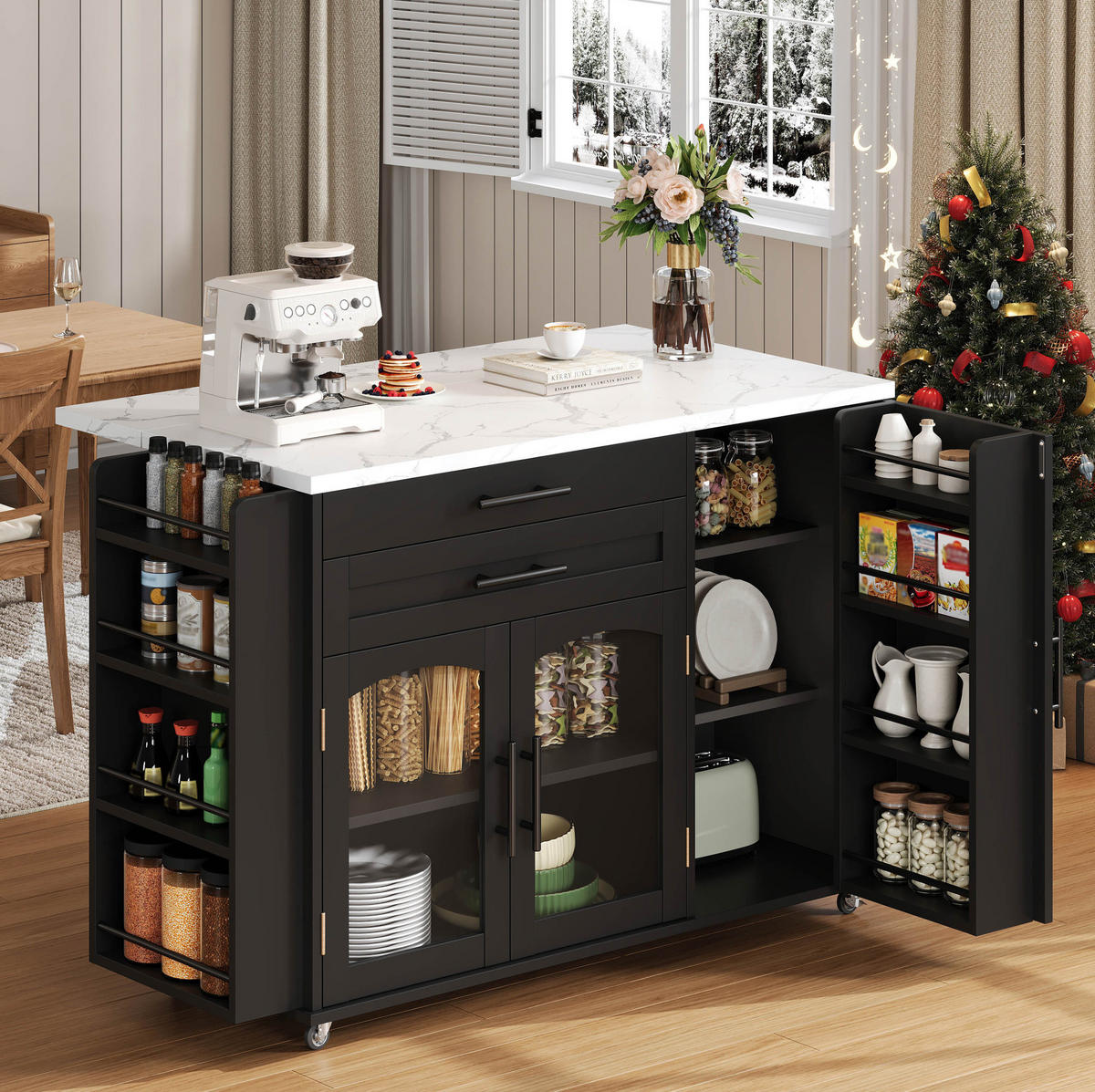 KÜCHENINSEL 120/45-70/90 cm mit klappbarer Arbeitsplatte, Glastüren, Schubladen und Rollen aus MDF, Schwarz - Schwarz, Holzwerkstoff (138/90/70cm) - Redom