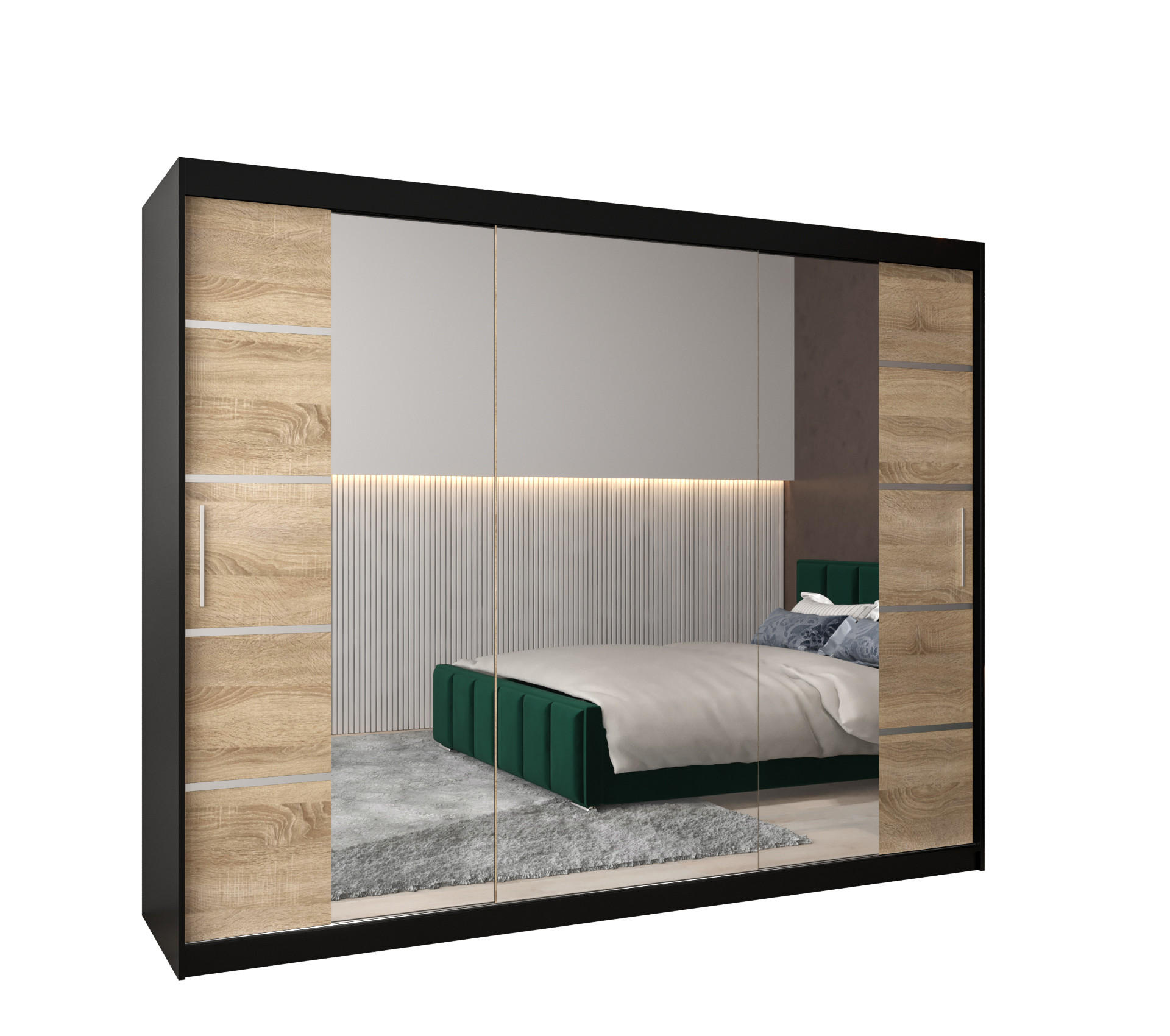 Möbel Kryspol Schwebetürenschrank Schwarz, Sonoma Eiche, Silber 250x200x62 cm