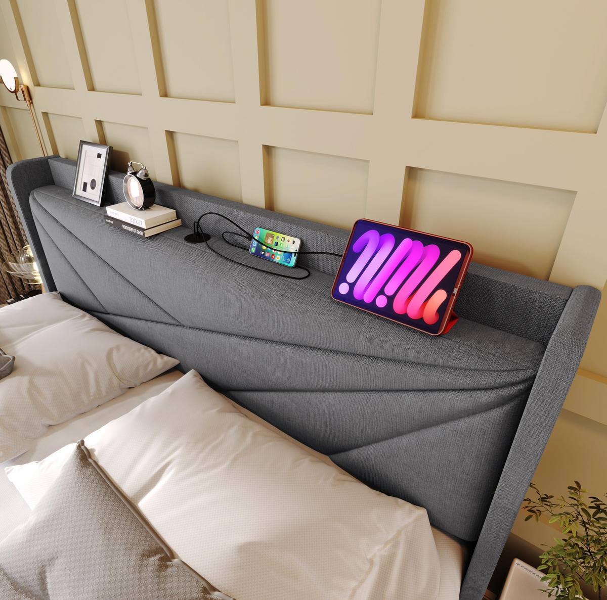 POLSTERBETT mit Bettkasten 180/200 cm in Grau mit USB-C und gepolstertem Kopfteil - Grau, Textil (180/200cm) - BEAOK