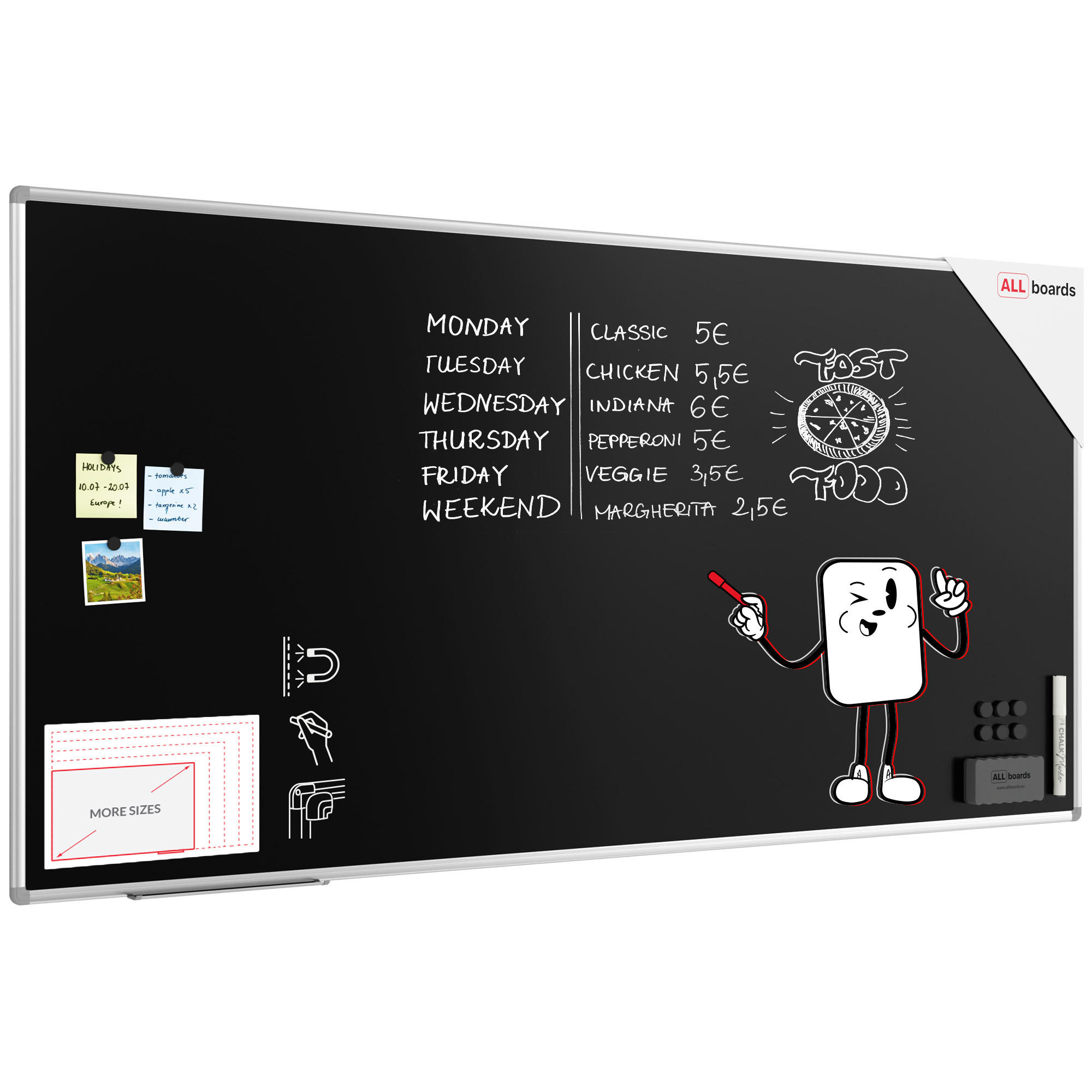 KREIDETAFEL Schwarze magnetische mit Alurahmen Premium EXPO 200x100cm - Schwarz, Metall (200/100/1.6cm) - ALLboards