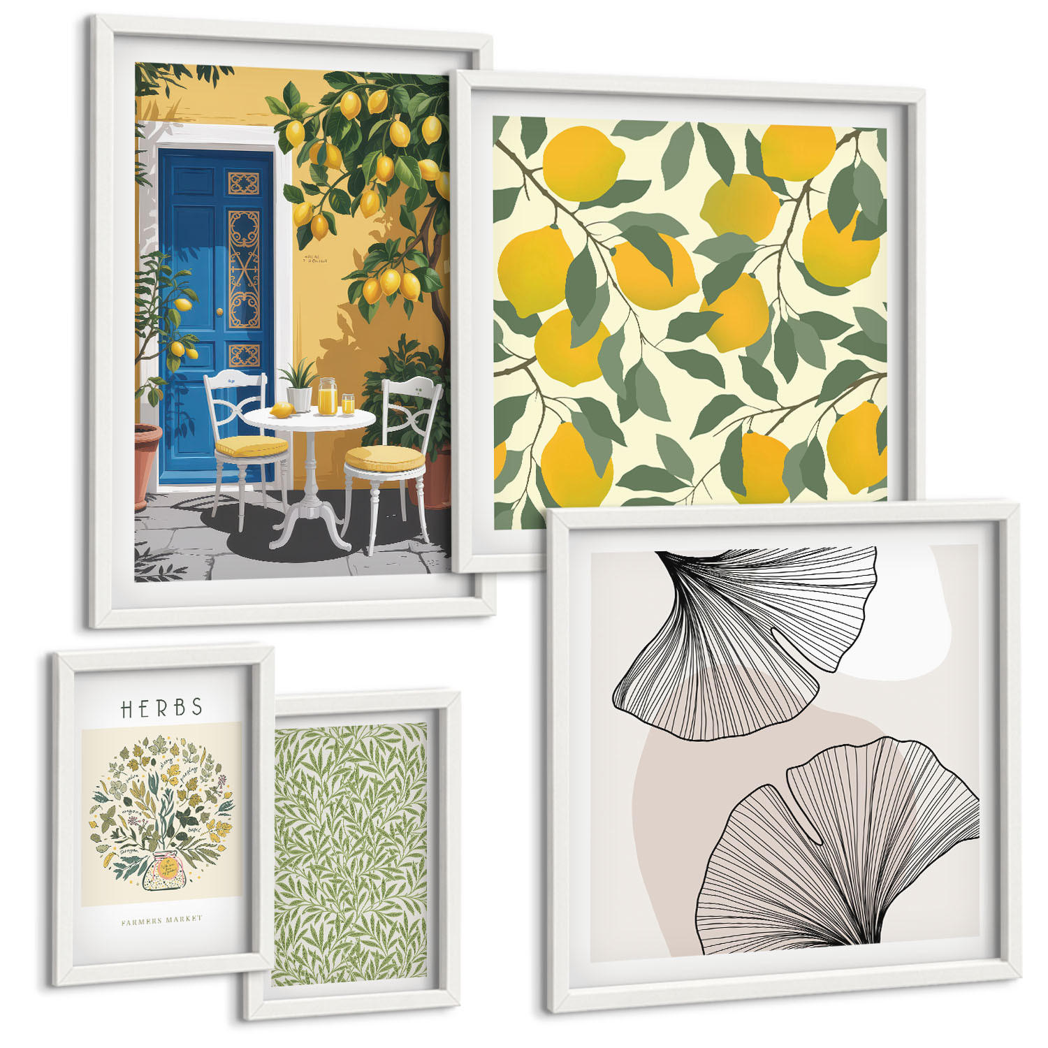 BILDER SET 5er Set - 50x50 cm & 20x30 cm & 40x60 cm Weißer Rahmen - Zitronenkräuter und -blätter - Weiß, Kunststoff (40/60cm) - TULUP