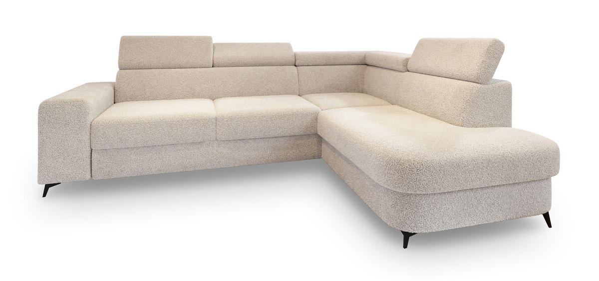 ECKSOFA ALVORO R-S Creme Boucle-Stoff mit Schlaffunktion - Creme, Holz (253/190cm) - MASSENO