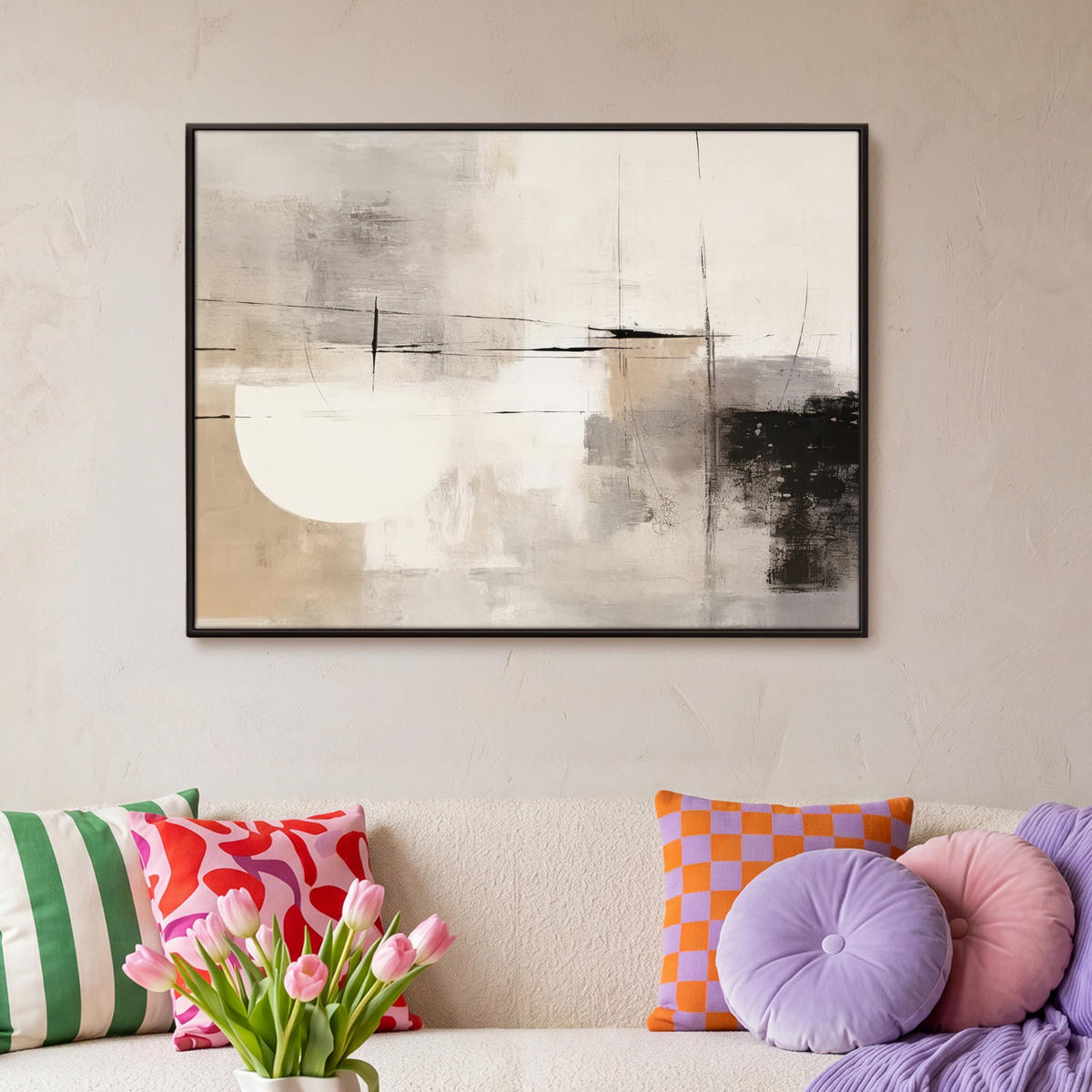 LEINWAND Bilder mit Rahmen - Abstrakt - Kunst - Grau - 100x70 - Hellgrau, Textil (100/70cm) - MuchoWow