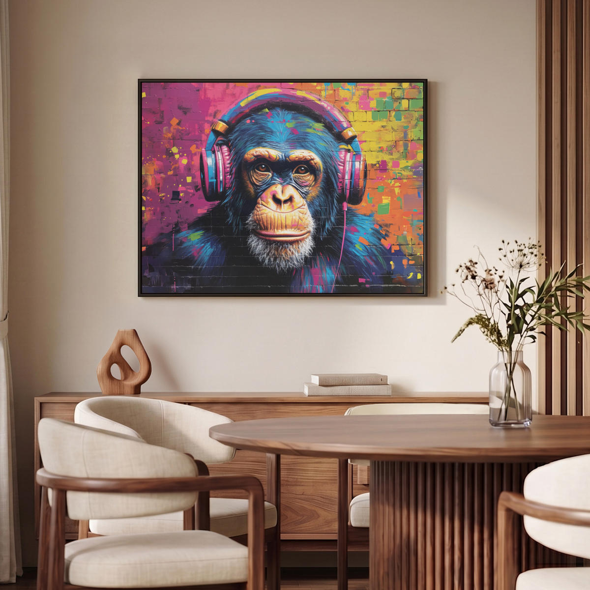 LEINWAND Bilder mit Rahmen - Graffiti - Schimpanse - Straßenkunst - Kopfhörer - Affe - 100x70 - Blau, Textil (100/70cm) - MuchoWow