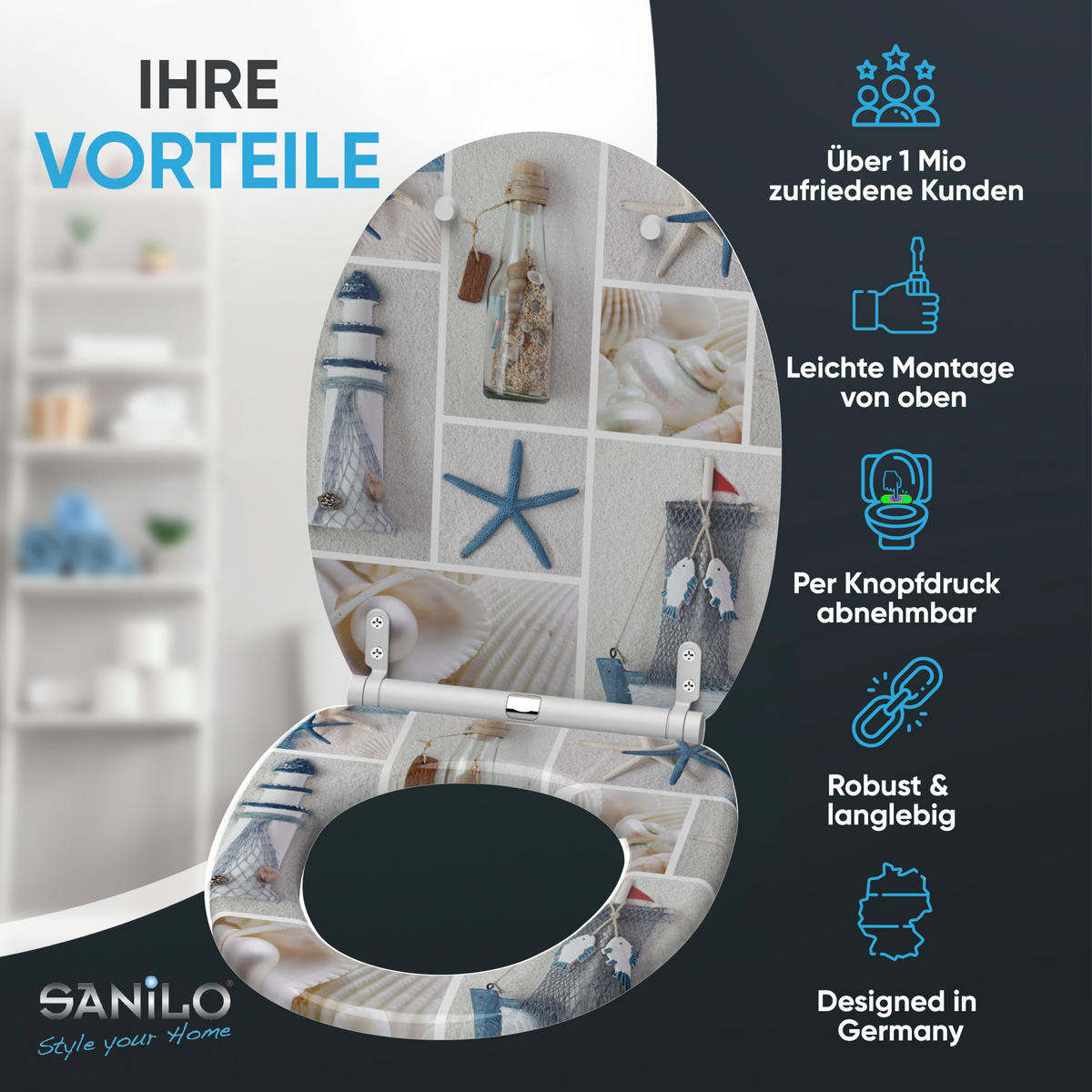 WC-SITZ mit Absenkautomatik & Top Fix Meeresbrise - Blau, Holzwerkstoff (37.7/5.5/48cm) - Sanilo