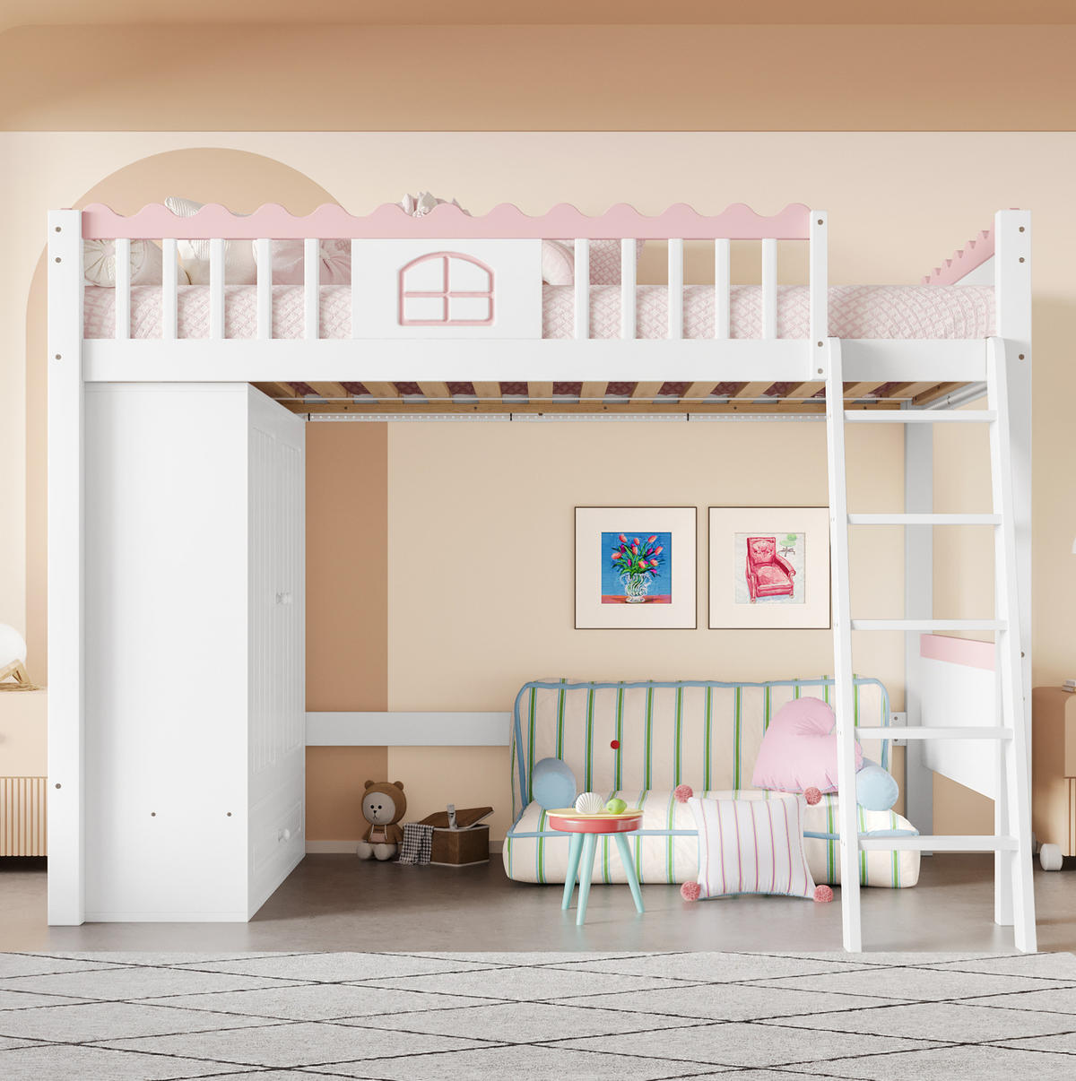 HOCHBETT 90/200 cm mit LED, Kleiderschrank und Schublade aus Kiefern , Weiß - Weiß, Holzwerkstoff (90/200cm) - Redom
