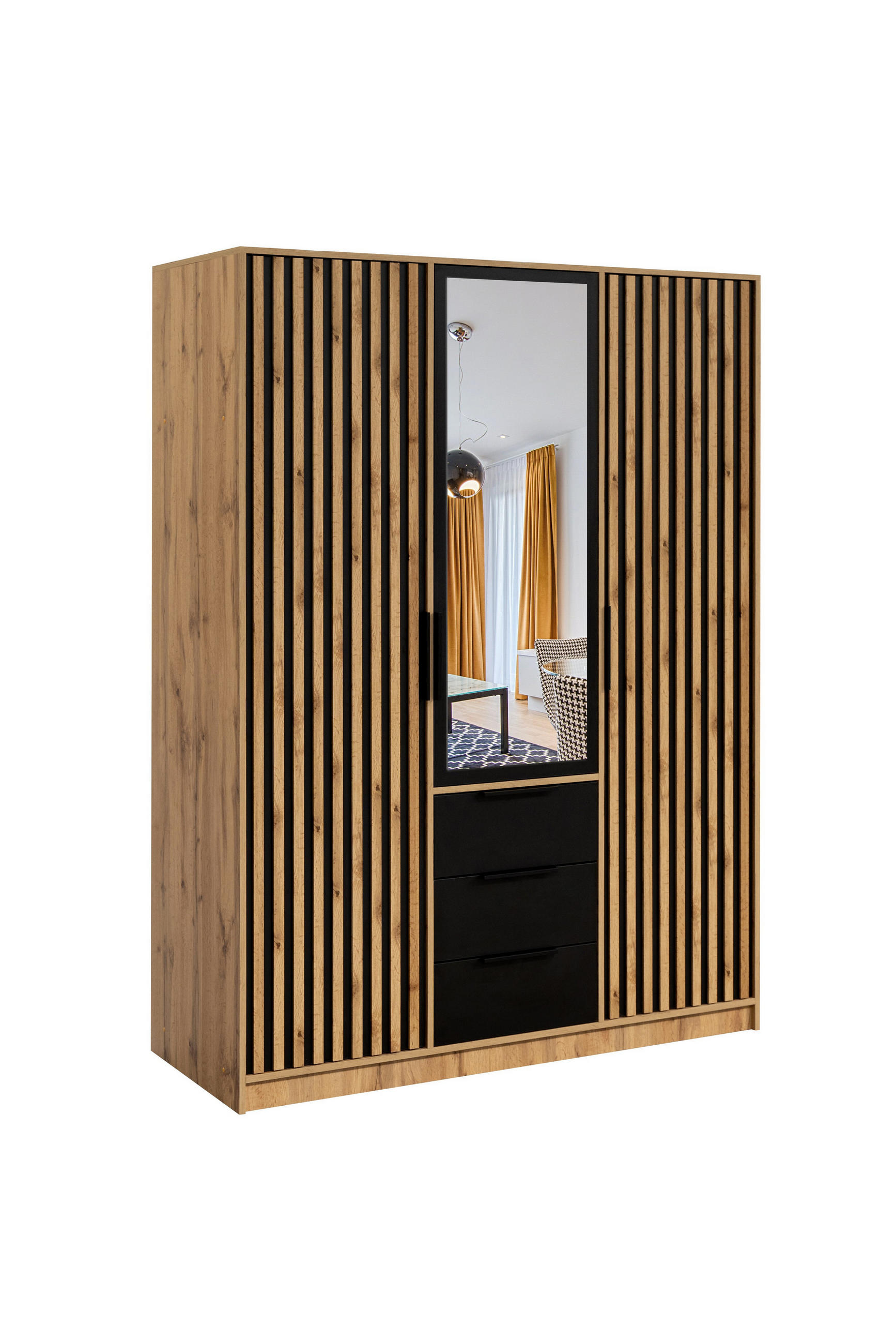 DREHTÜRENSCHRANK GAREN 149/200/57,5 cm 3-türig mit Spiegel Eiche Wotan - Eiche Wotan/Schwarz, Holzwerkstoff (149/200/57.5cm) - MASSENO