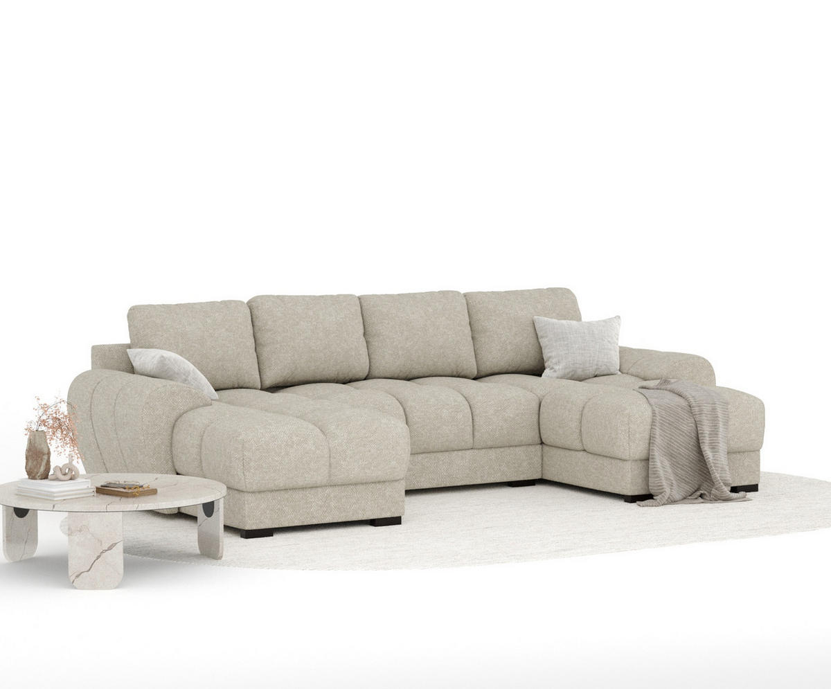 WOHNLANDSCHAFT Peebles Beige Grau Chenille-Stoff - Beige/Schwarz, Holz/Holzwerkstoff (330/90/175cm) - Maison de Reve