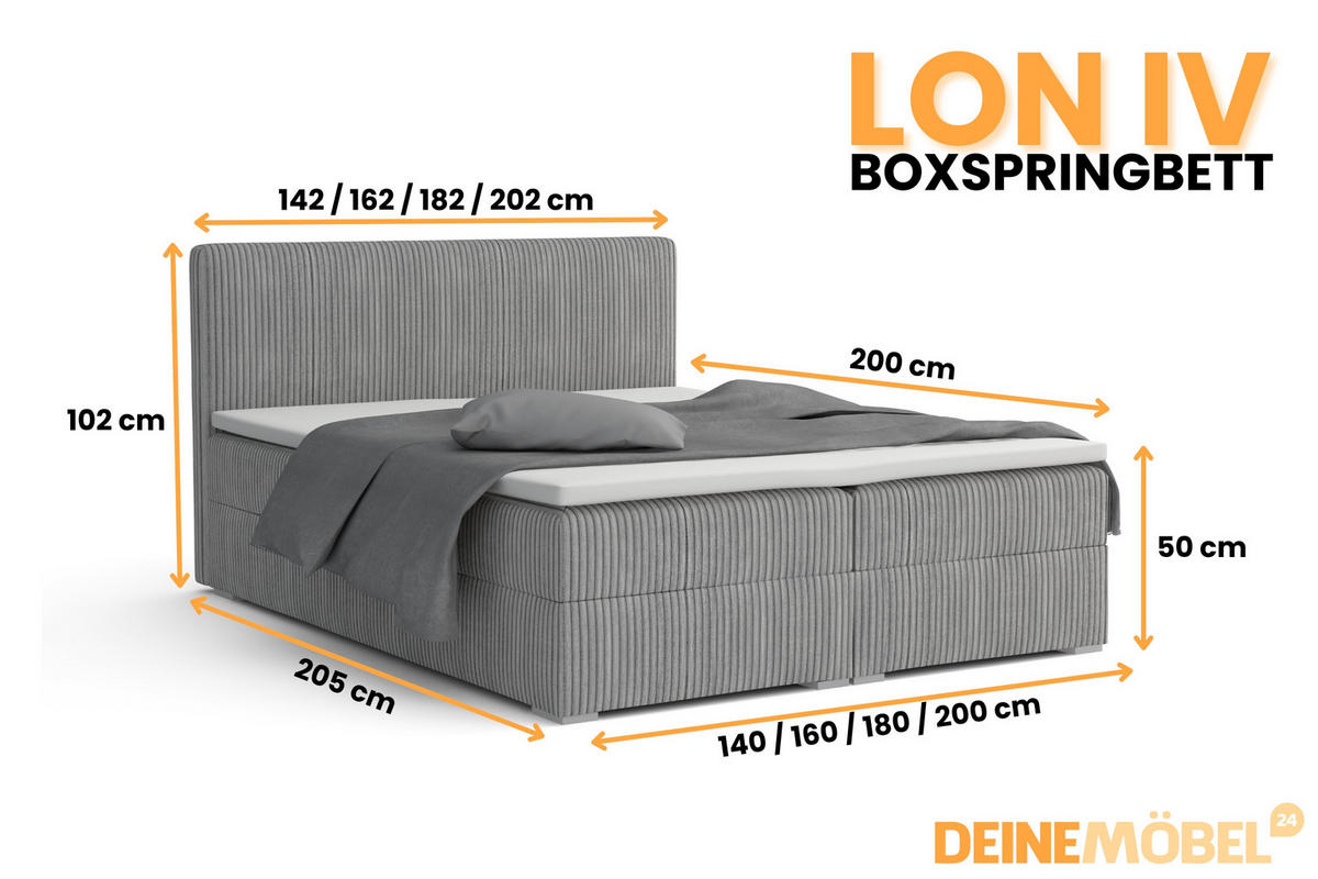 BOXBETT LON IV 180/200 in Cord Hellgrau H4 - Hellgrau, Holz/Holzwerkstoff (180/200cm) - Deine Möbel 24