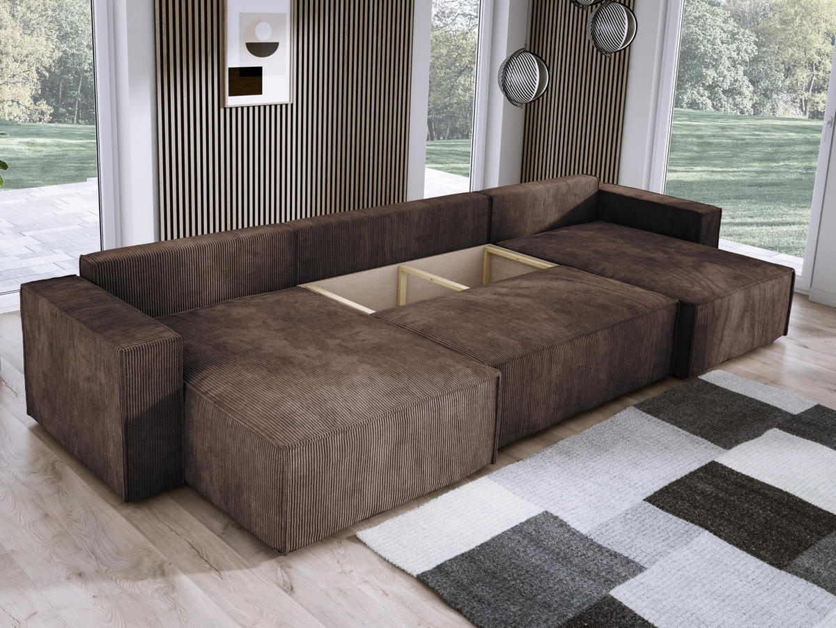 ECKSOFA Poso XXL U-förm, Schlaffunktion, weiche Kissen, Bettkasten, hochwertige Polsterung, lose Rückenkissen, freistehend, 377x143x83 cm Brown - Braun, Holz/Textil (377/83/143cm) - DomoHome