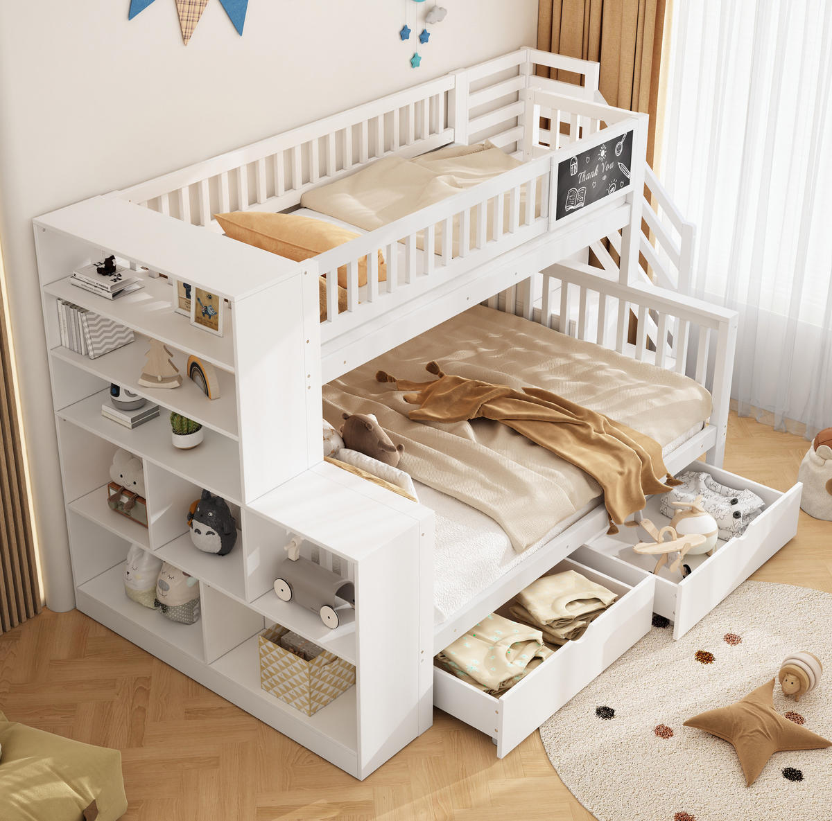 ETAGENBETT 140/200 und 90/200 cm mit Tafel, Treppe und Stauraum aus Kiefernholz, Weiß - Weiß, Holz (140/200cm) - Redom