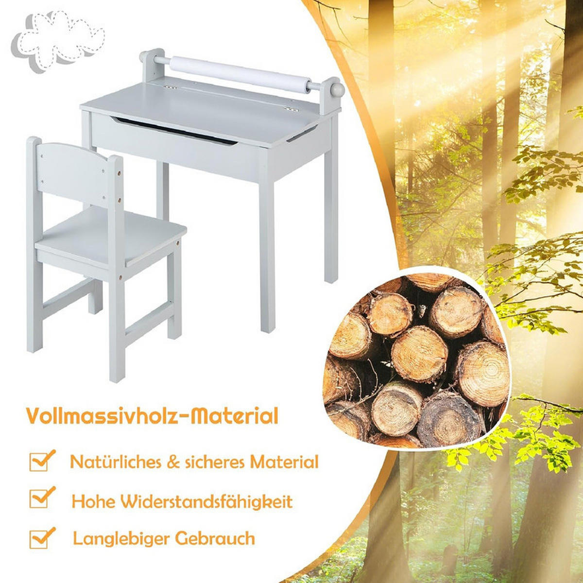 KINDERSCHREIBTISCH mit Stuhl grau(2-tlg) - Grau, Holzwerkstoff (66/58/40cm) - COSTWAY