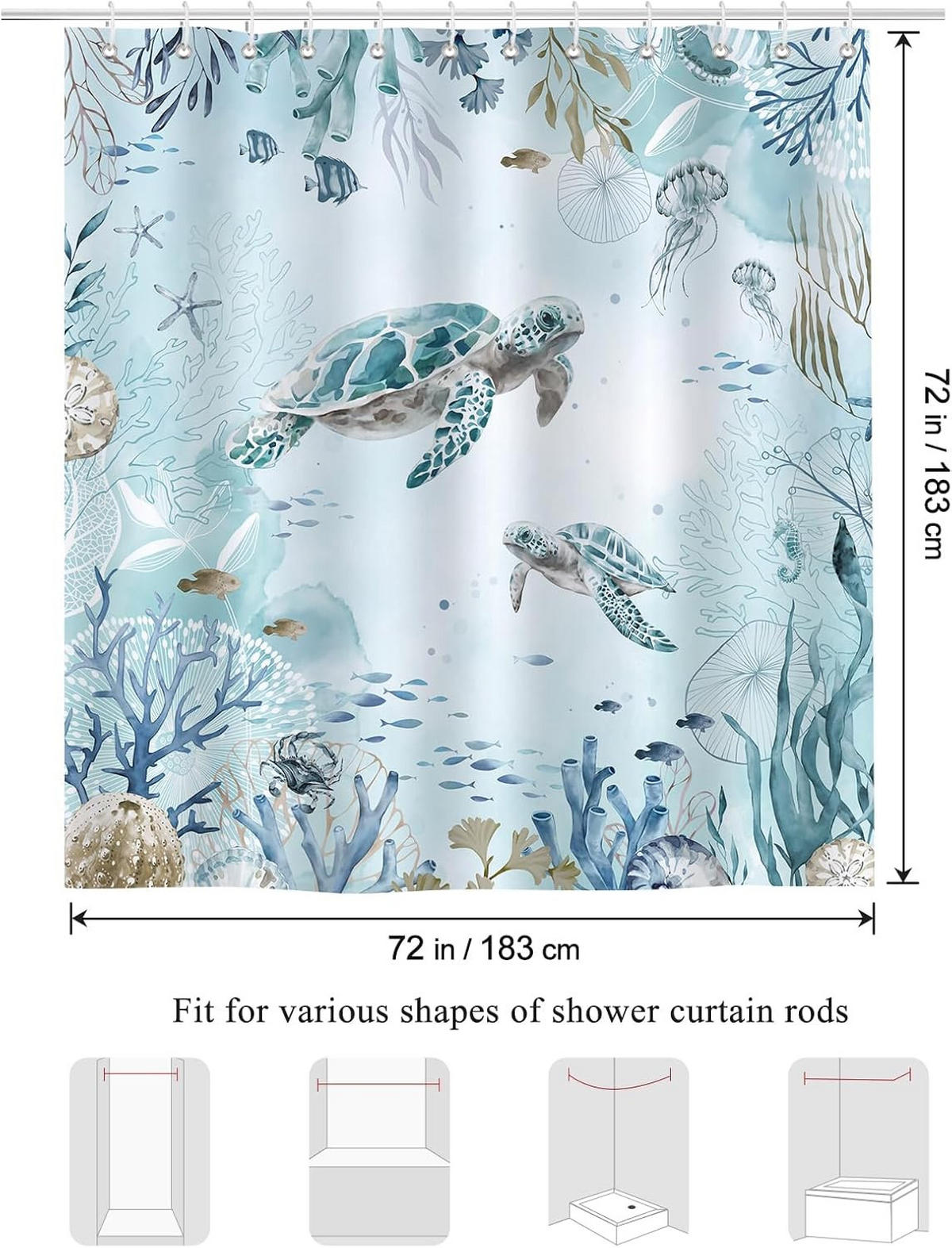 DUSCHVORHANG Schildkröte Meer Ozean Blau Stoff Polyester schimmelresistent wasserdicht waschbar Badezimmer 180 x 180 cm - Blau, Textil (180/180cm) - MCBOSON