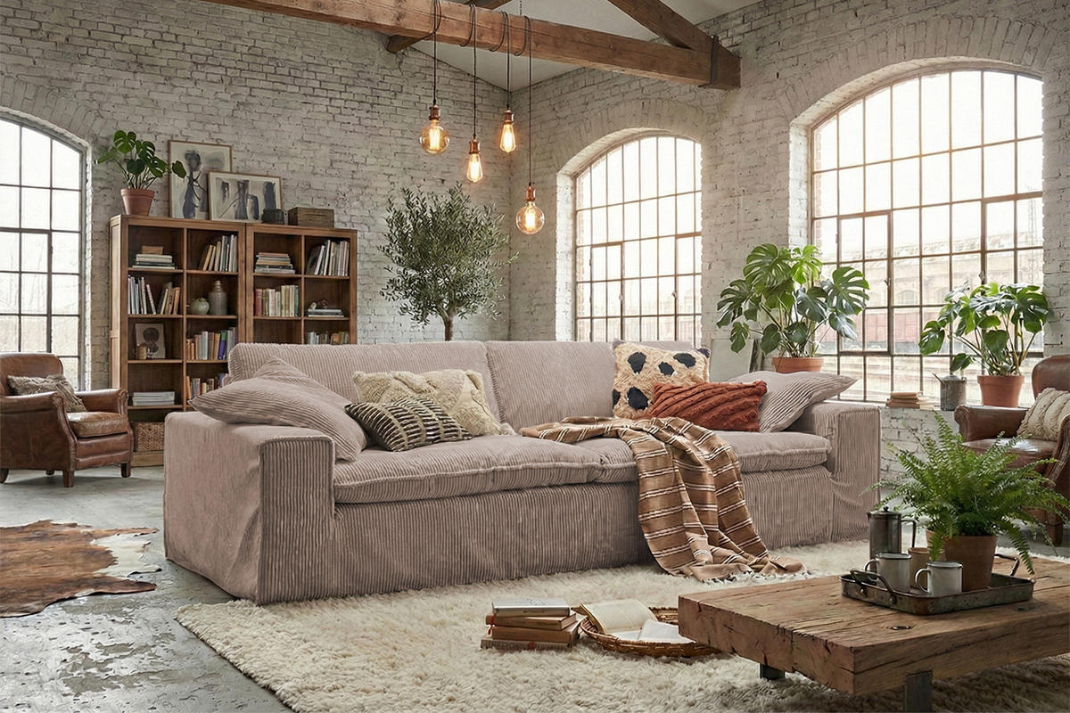 SOFA NETTA Taupe Cord - Taupe/Braun, Birkenholz/Textil (258/90/116cm) - KAWOLA