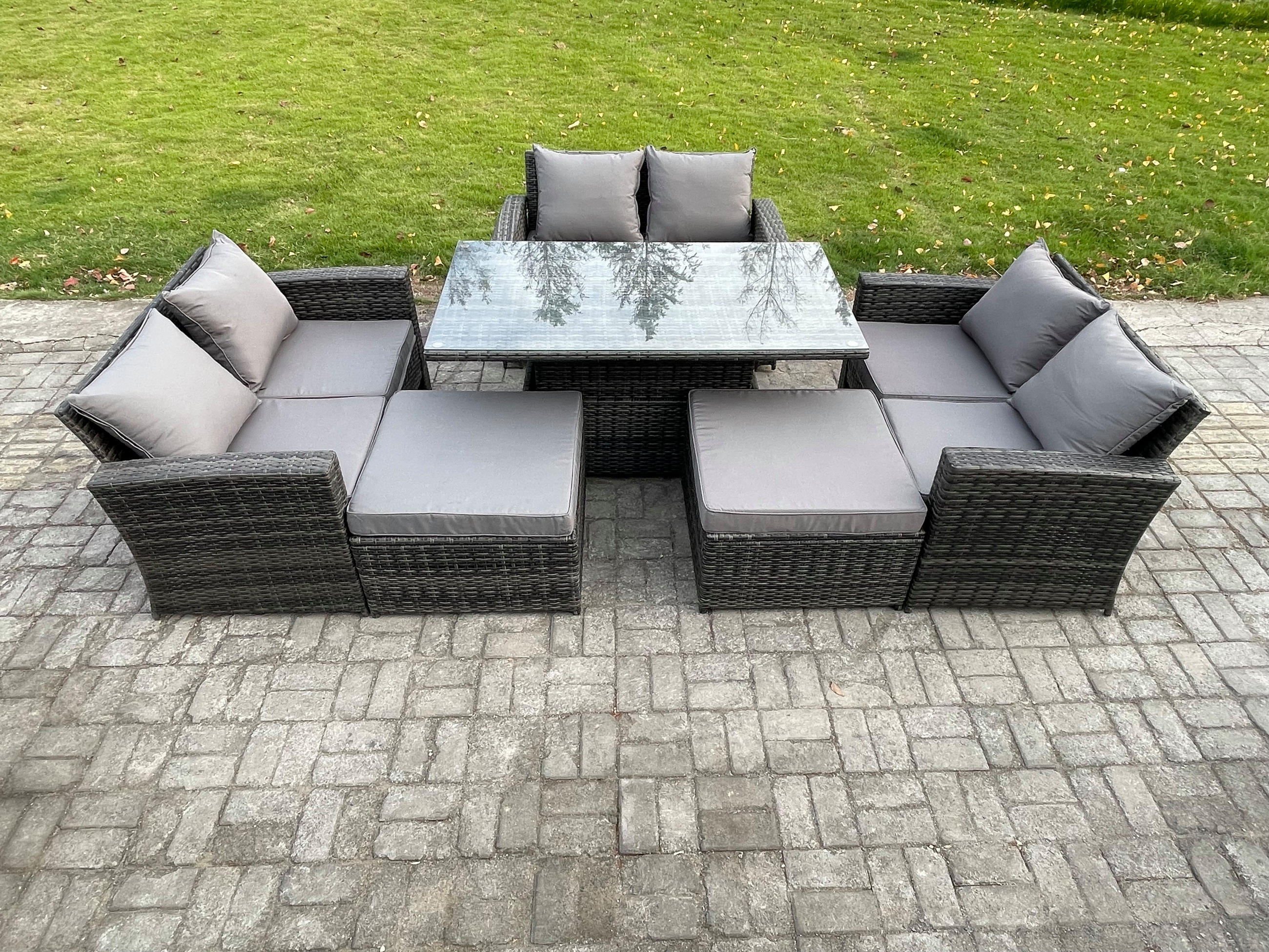 GARTENMÖBEL-SET HÖHENVERSTELLBARER ESSTISCH MIT 2 HOCKER DOPPELSITZ-SOFA Polyrattan Dunkelgrau Gemischt 8-Sitzer - Dunkelgrau, Metall - Fimous