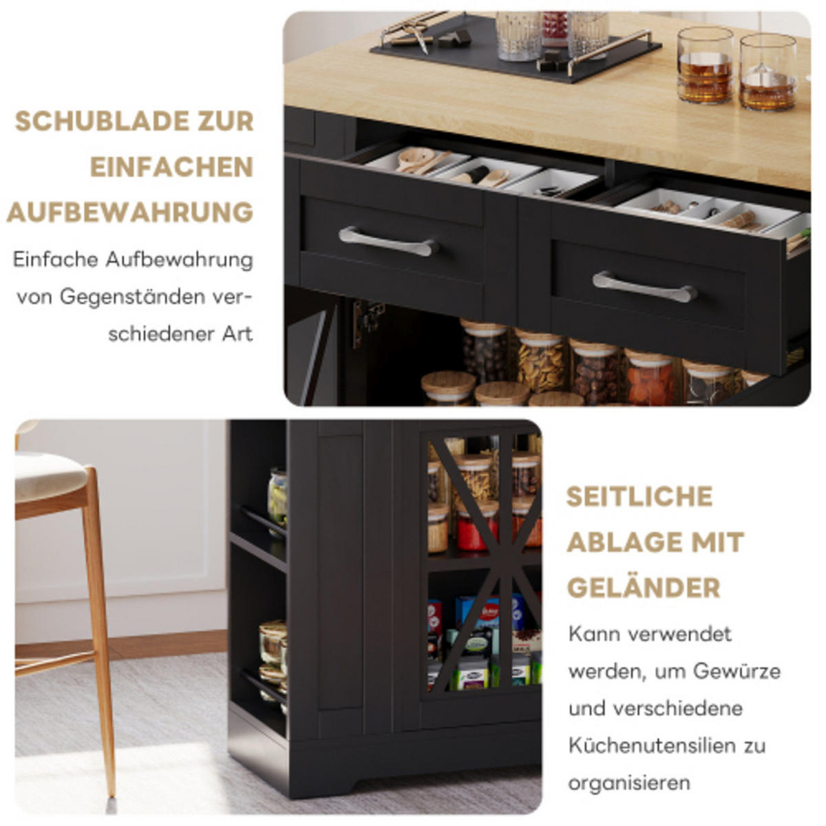 KÜCHENINSEL schwarz-Neutral aus MDF mit klappbarer Erweiterungsplatte, Steckdosen und Laufrollen 120 × 40(65) × 92 cm - Schwarz, Holzwerkstoff (120/92/65cm) - Luhomfu