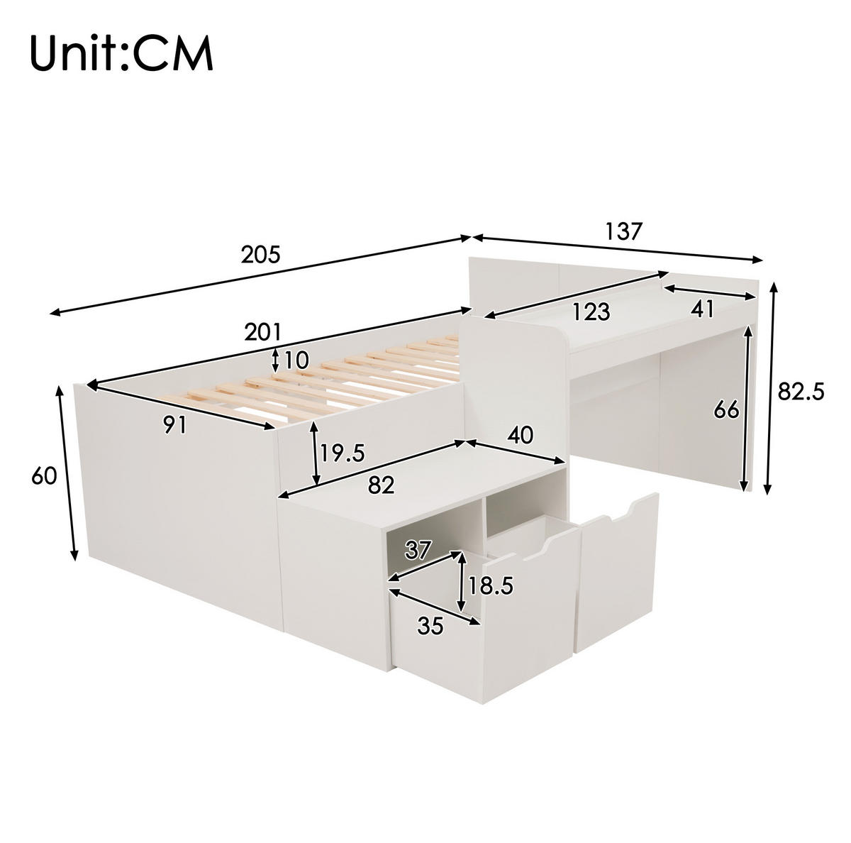 KINDERBETT aus Kiefer-Massivholz und MDF 90x200 cm Weiß mit Schreibtisch und 2 Schubladen - Weiß, Holzwerkstoff (90/200cm) - IVMEU