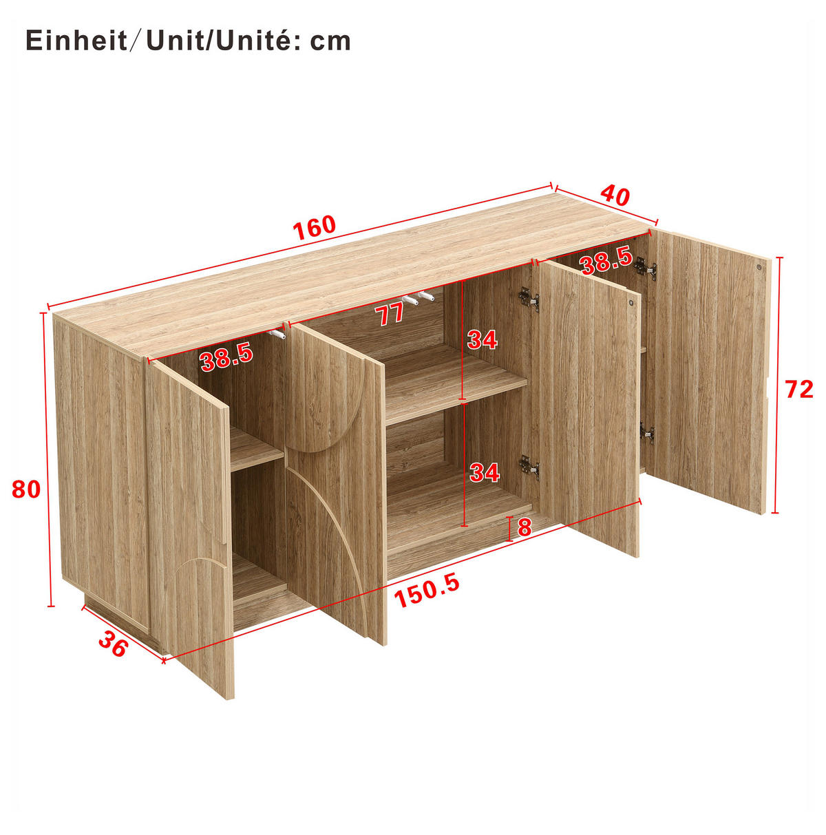 SIDEBOARD in Natur mit Türen und verstellbaren Einlegeböden, Spanplatte, skandinavisch, 160/40/80 cm, Holzoptik，Naturfarben - Naturfarben, Holzwerkstoff (160/80/40cm) - Redom