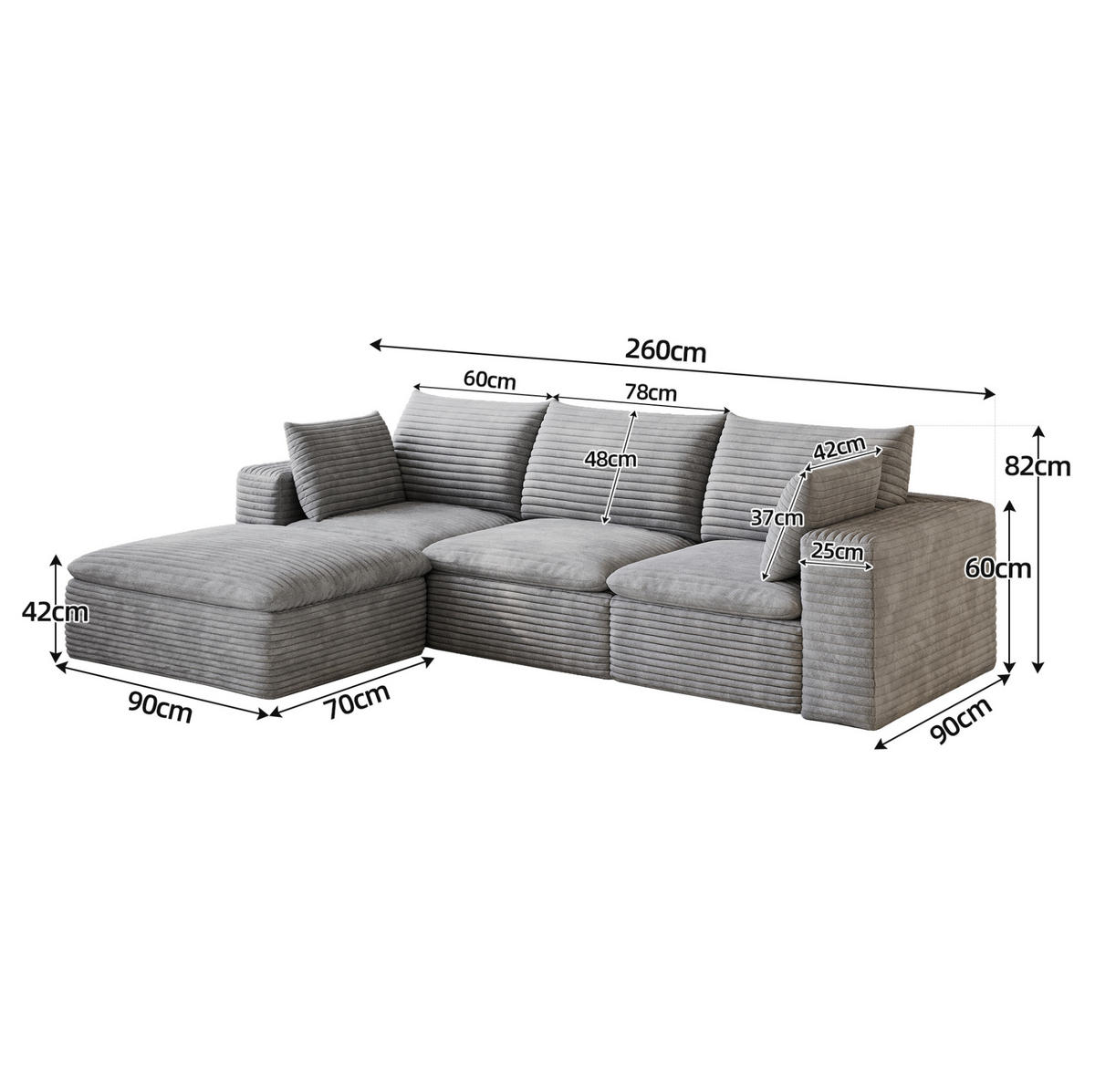 ECKSOFA aus Stoff 260 cm Grau ohne Montage mit abnehmbarer Polsterung und Schaumstoffkern - Grau, Textil (260/160cm) - Modfu