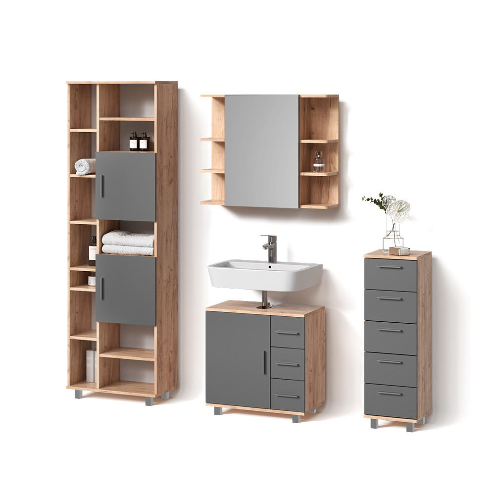 BADMÖBEL-SET Eisak Eiche 4 Teile - Eichefarben/Anthrazit, Holzwerkstoff (60/60/33cm) - Livinity®