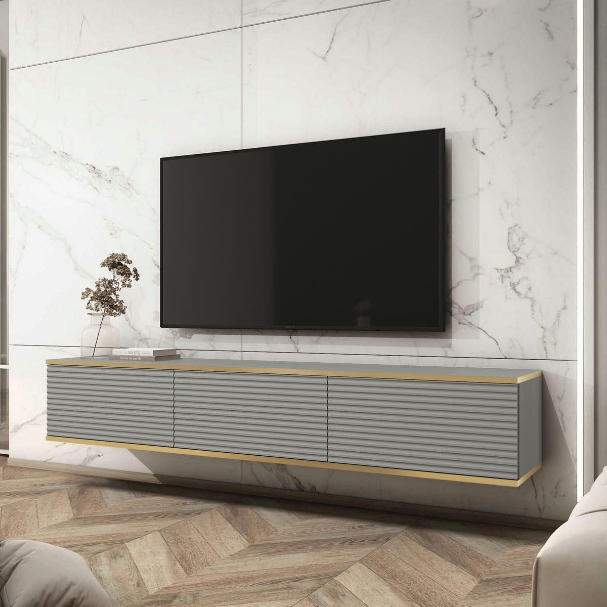 HÄNGEBOARD Banff RTV175 MDF – Graues Matt, Artisan-Eiche - Grau, Glas/Holzwerkstoff (175/30/32cm) - Komodee
