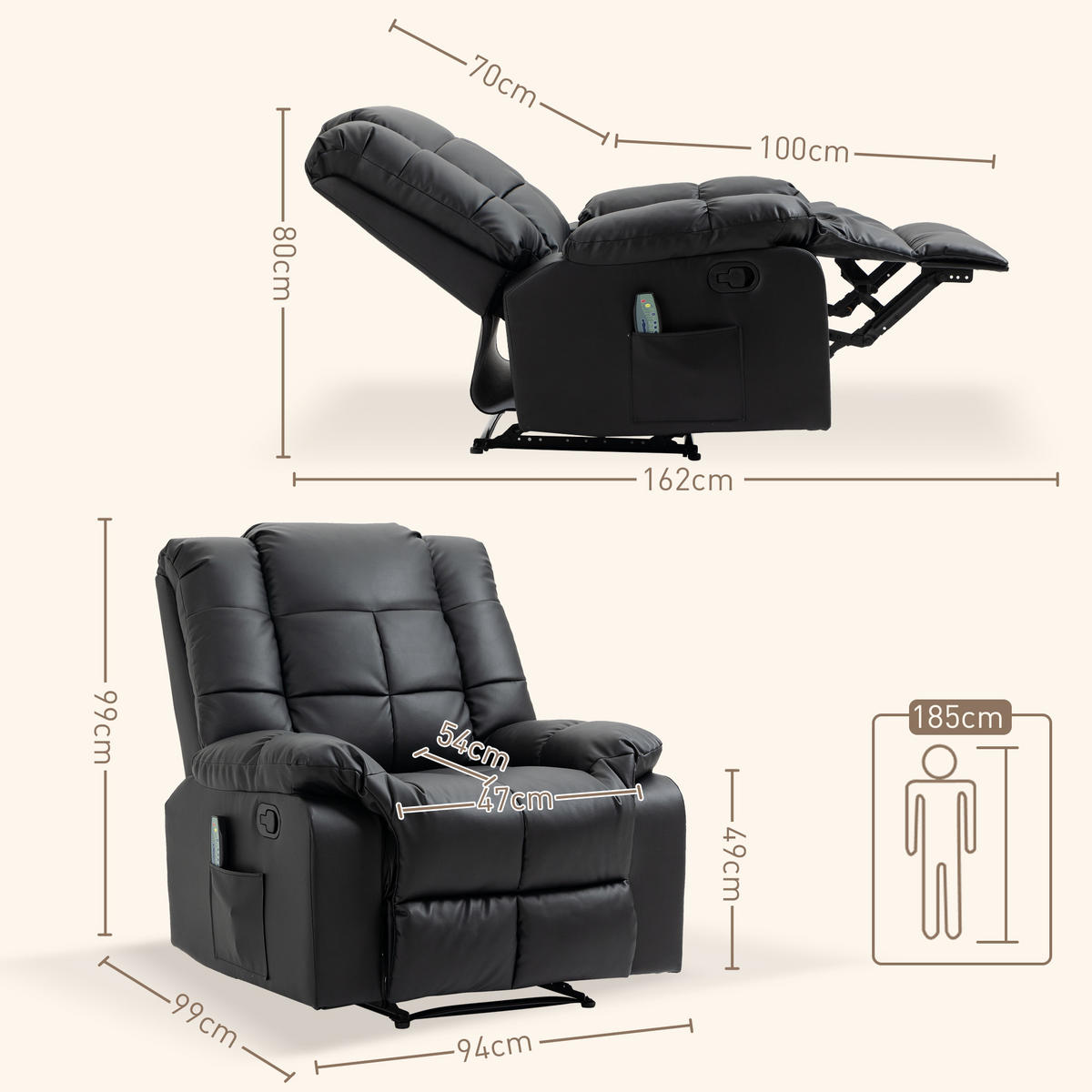 MASSAGESESSEL Schwarz mit Massagefunktion und Liegefunktion 94/99/99 cm - Schwarz, Leder (94/99/99cm) - PANGIVO
