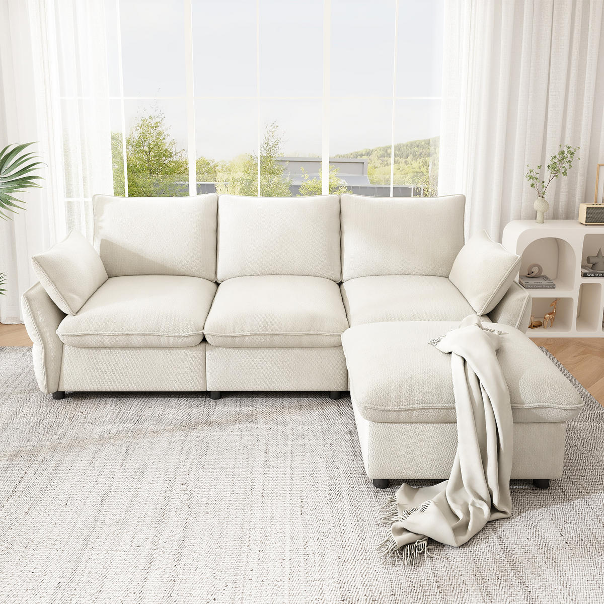 ECKSOFA 222.5/154.5/76.5 cm Beige Chenille mit 1 Fußhocker - Beige, Textil (222.5/154.5cm) - Oxeza
