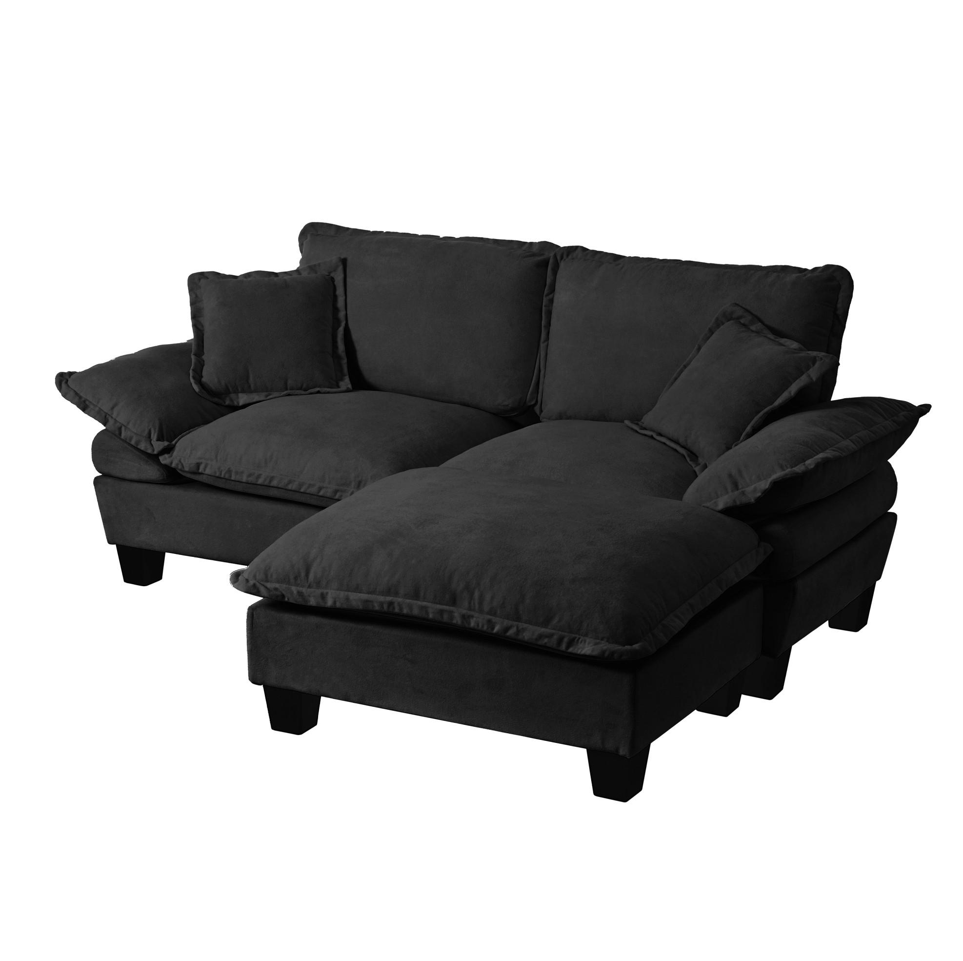 ECKSOFA 194/151/90 cm schwarz aus Chenille mit Ottomane und 2 Kissen - Schwarz, Textil (151/194cm) - OKWISH
