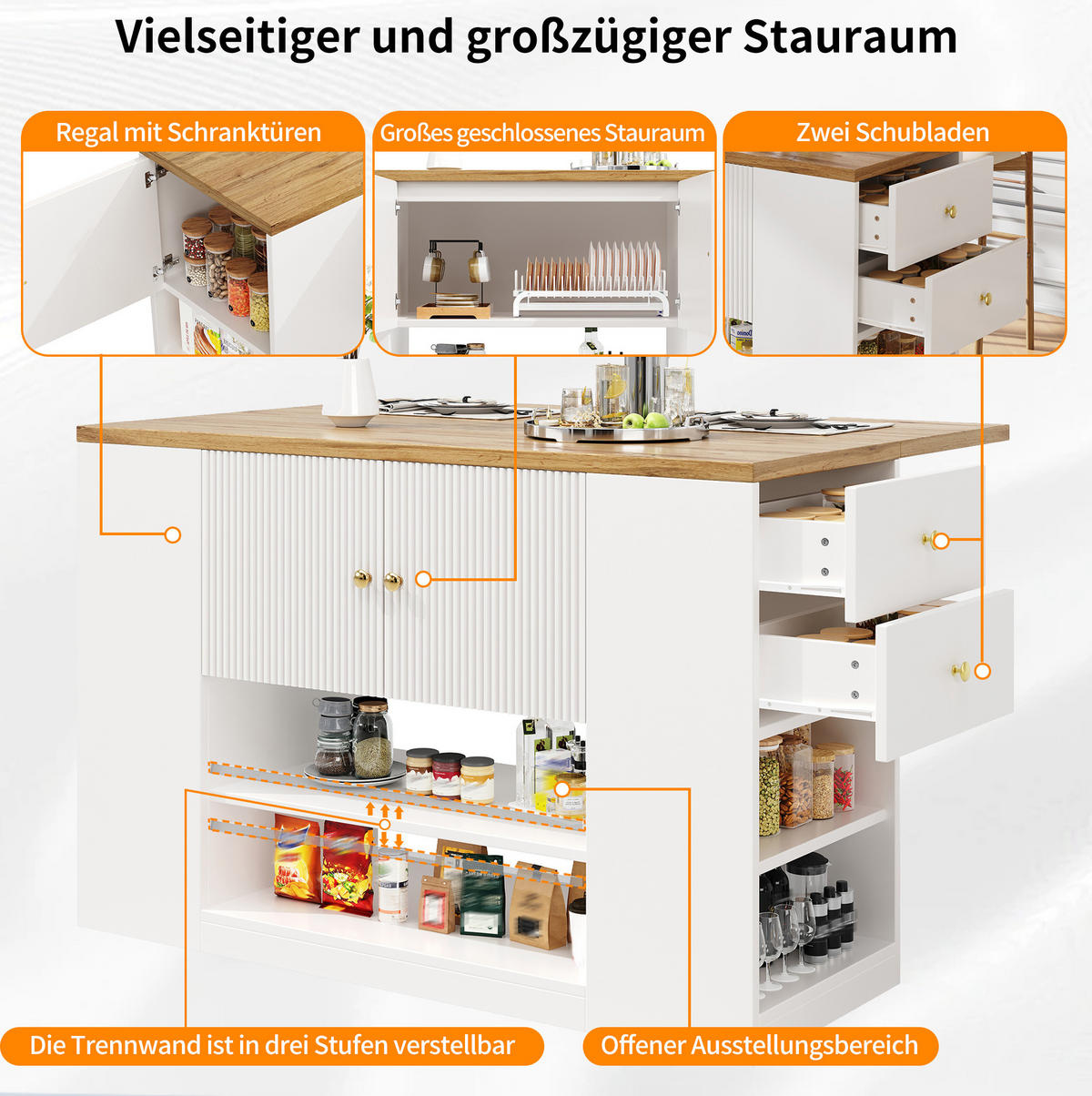 KÜCHENINSEL mit ausklappbarer Tischplatte 140 x 70 x 90 cm Weiß - Weiß, Metall (40/90/140cm) - Beauniv