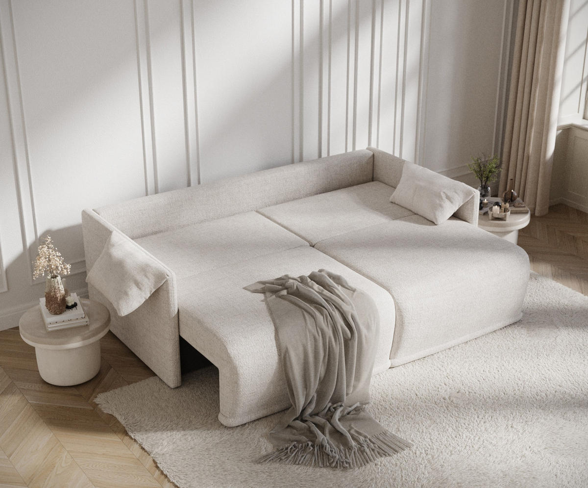 SCHLAFSOFA MIT ECKSOFA-FUNKTION Nappa Beige Webstoff - Beige/Schwarz, Holz/Holzwerkstoff (215/100/112cm) - Maison de Reve