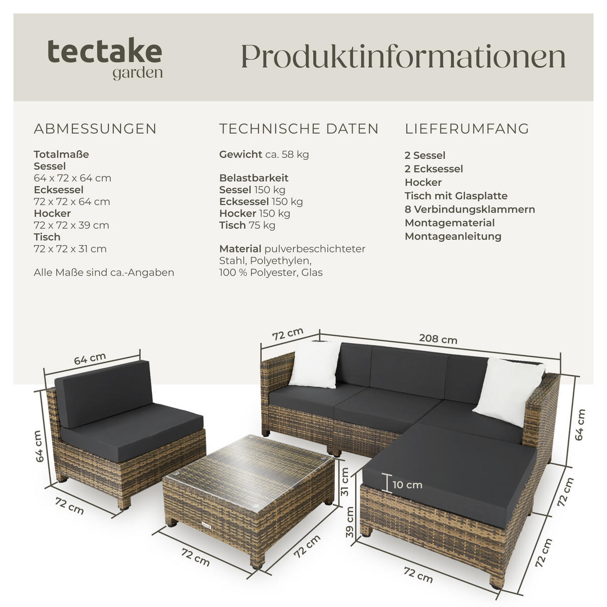 RATTANLOUNGE , mit Sicherheitsglasplatte, natur - Naturfarben, Kunststoff - tectake
