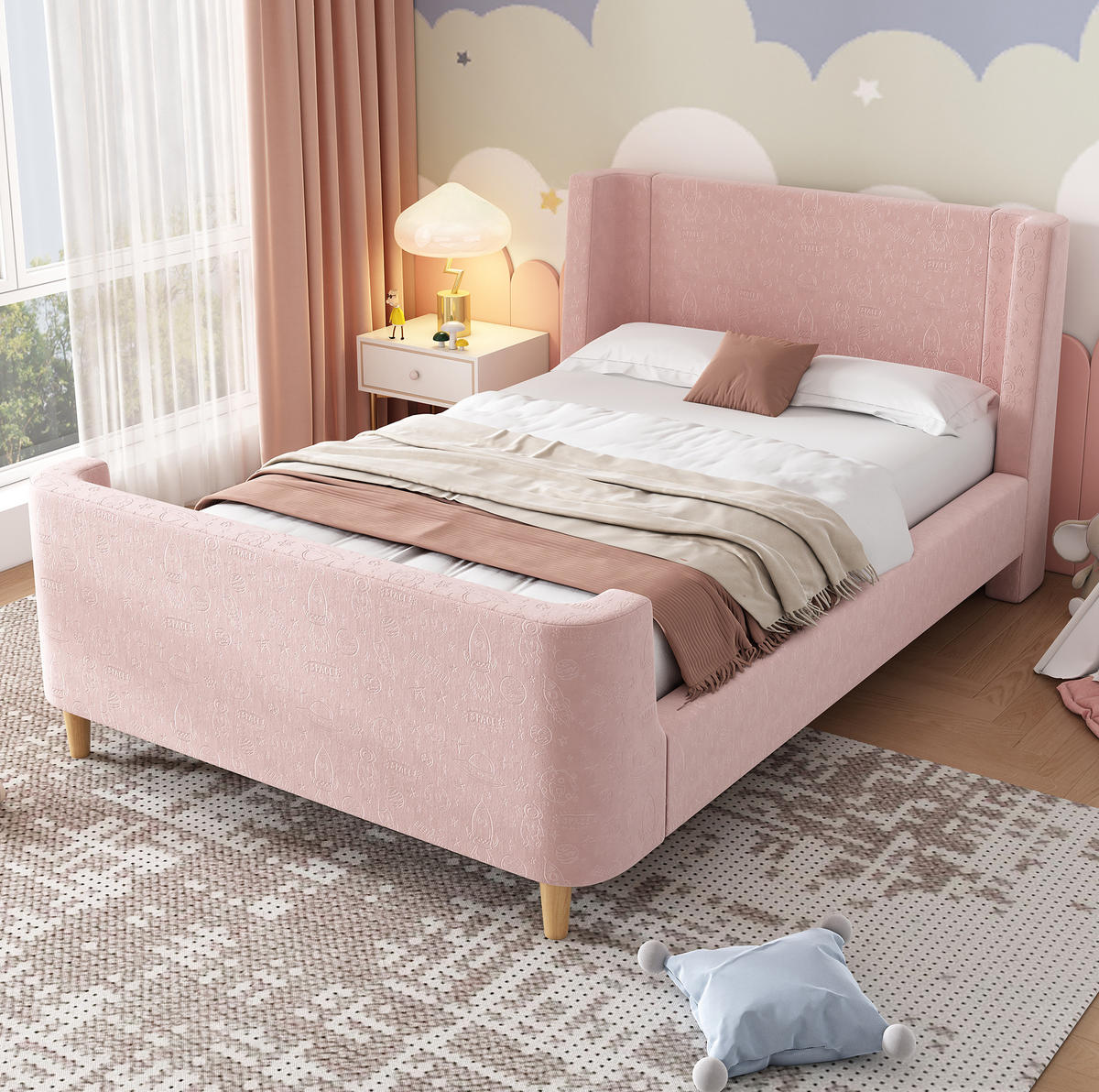 OTROŠKA postelja 90/200 cm roza iz žameta z vesoljskim vzorcem in oblazinjenim vzglavjem - pink, tekstil (90/200cm) - OKWISH