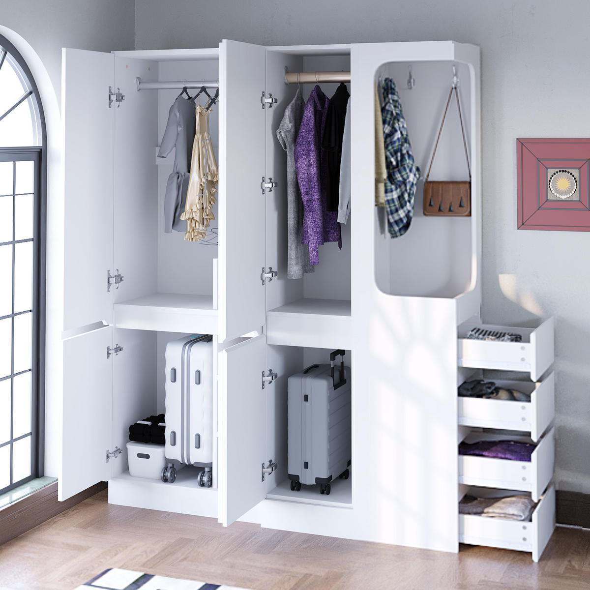 KLEIDERSCHRANK 140x40x170cm Schubladen Stauraum Weiß Rechts - Weiß, Holz (140/170/40cm) - FLIEKS