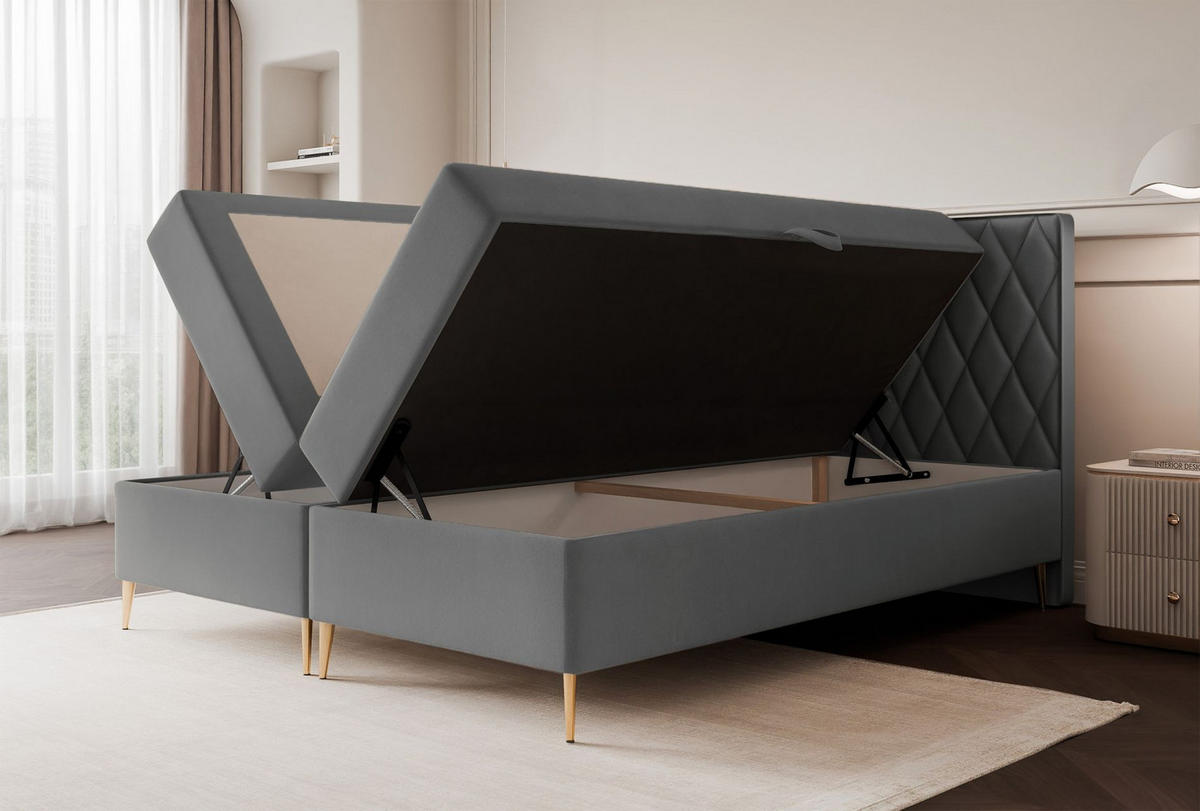 BOXBETT Caresso Blau-grau, Velours, 180x200 cm - Goldfarben/Hellgrau, Textil/Metall (180/200cm) - Selsey
