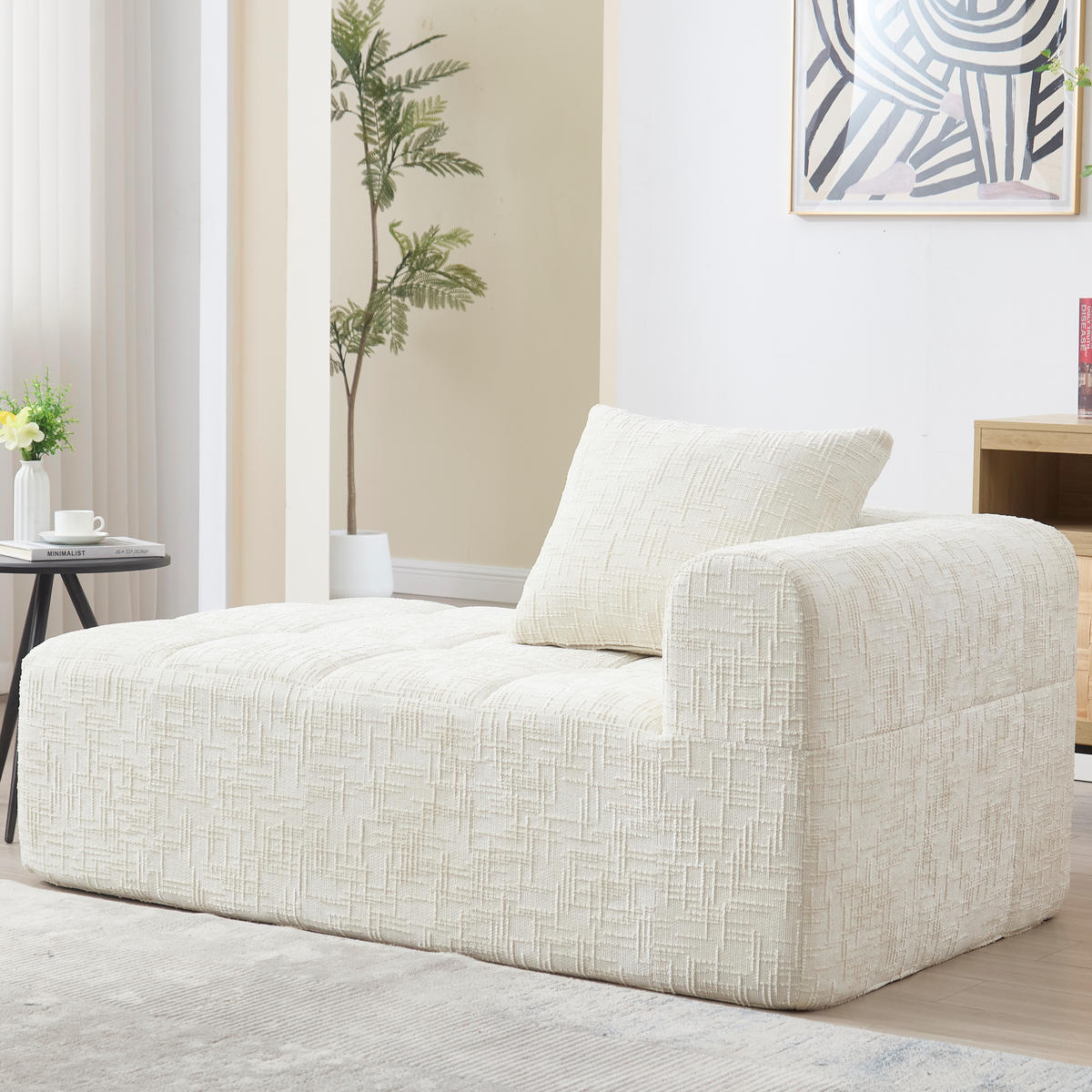 RÉCAMIERE Chenille Beige mit Kissen und Seitentaschen - Beige, Textil (158/60/90cm) - WISHDOR
