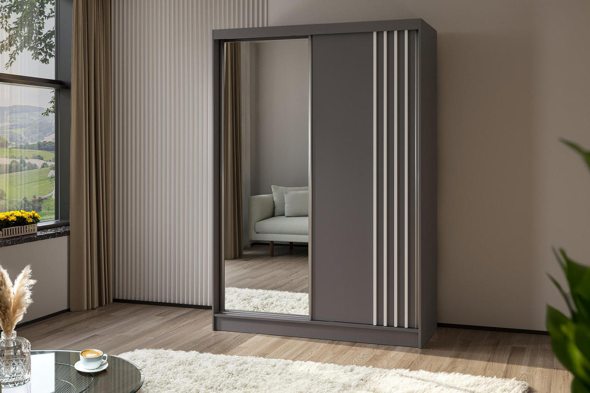 SCHWEBETÜRENSCHRANK Neli 150 cm mit Lamellen und Spiegel 2-türig, grau, grau, Lamelle weiß - Weiß/Grau, Kunststoff (150/216/61cm) - Margaret Hadas24