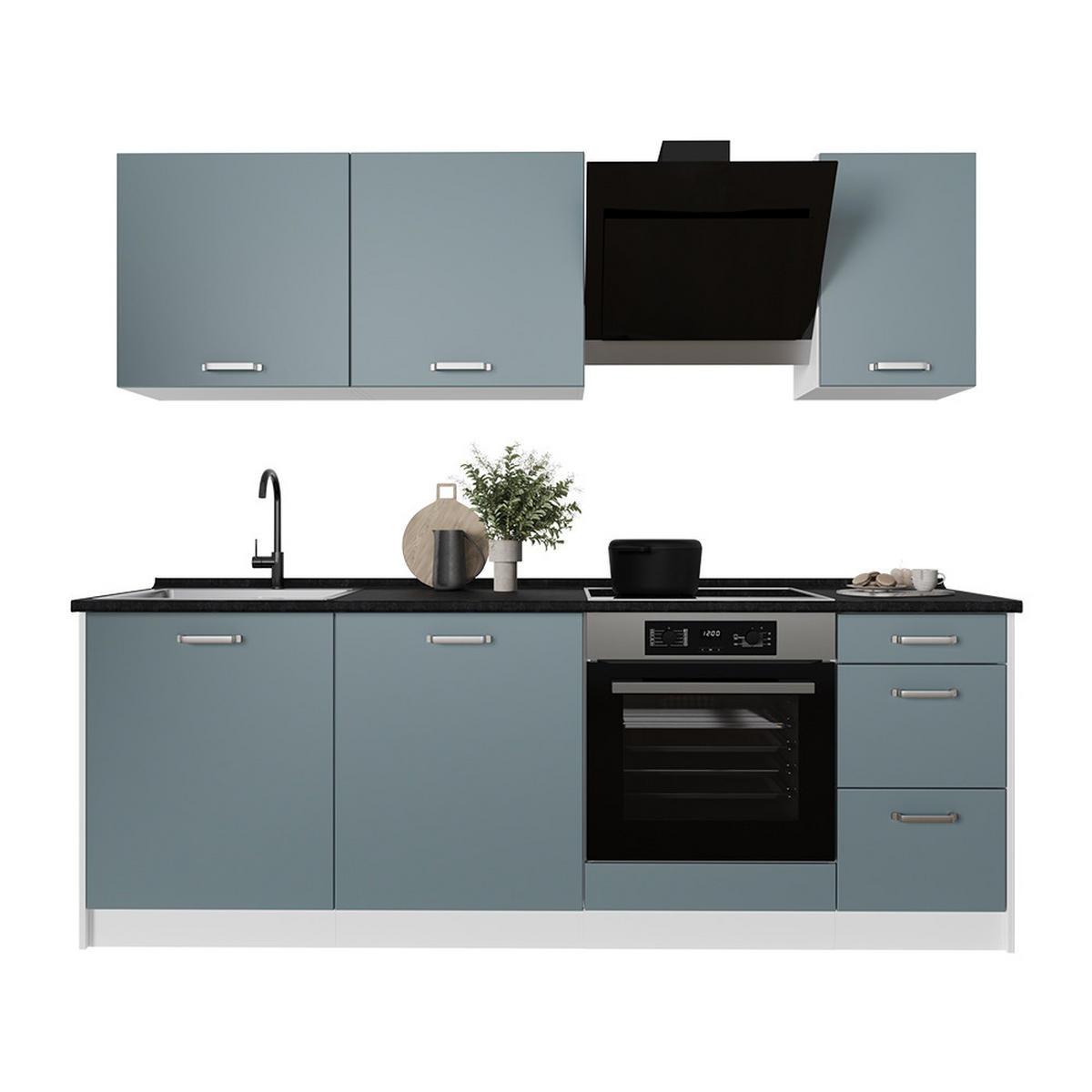 KÜCHENZEILE R-Line, Blau-Grau/Weiß, 220 cm Arbeitsplatte Anthrazit - Blaugrau/Weiß, Holzwerkstoff (220/81.6/60cm) - Vicco