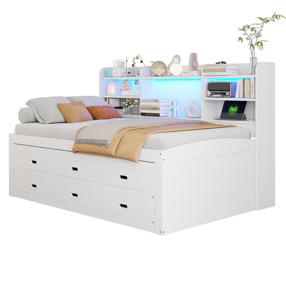 TAGESBETT 90x200cm Weiß LED Schubladen USB-C Nachttisch Klappbar Ausziehbar - Weiß, Holz (90/200cm) - FLIEKS