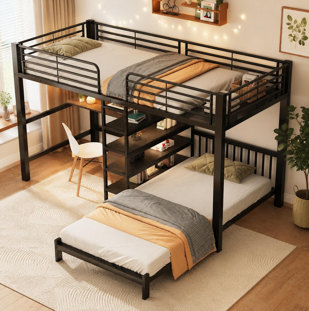 HOCHBETT Metall & MDF 90x200 cm Schwarz mit Schreibtisch, Stauraumtreppe und 2 Schlafplätzen - Schwarz, Holzwerkstoff (90/200cm) - Modfu