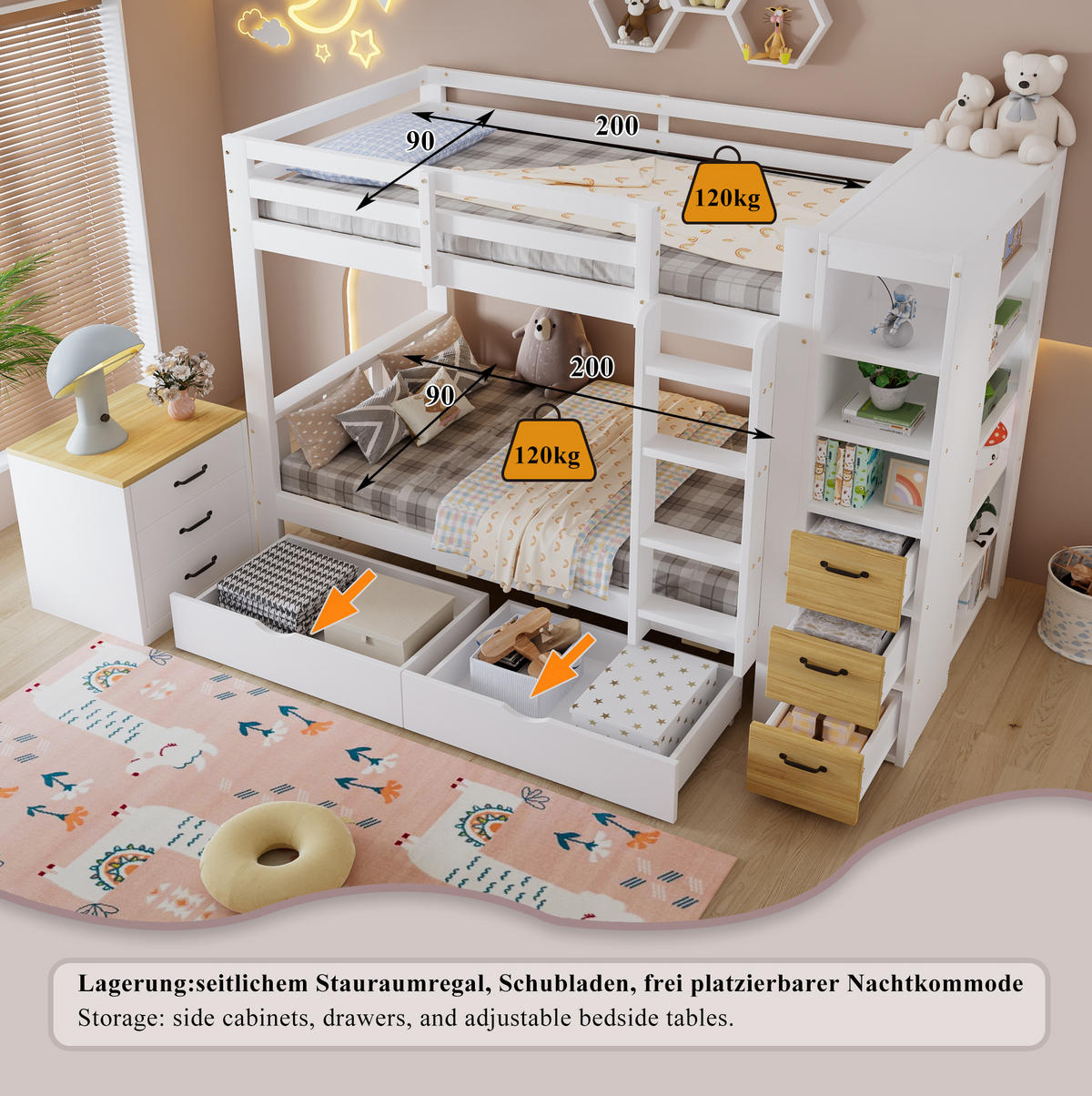 ETAGENBETT 90x200 cm in Weiß/Natur mit Bettkästen und Seitenregal - Weiß, Holz (90/200cm) - IVMEU