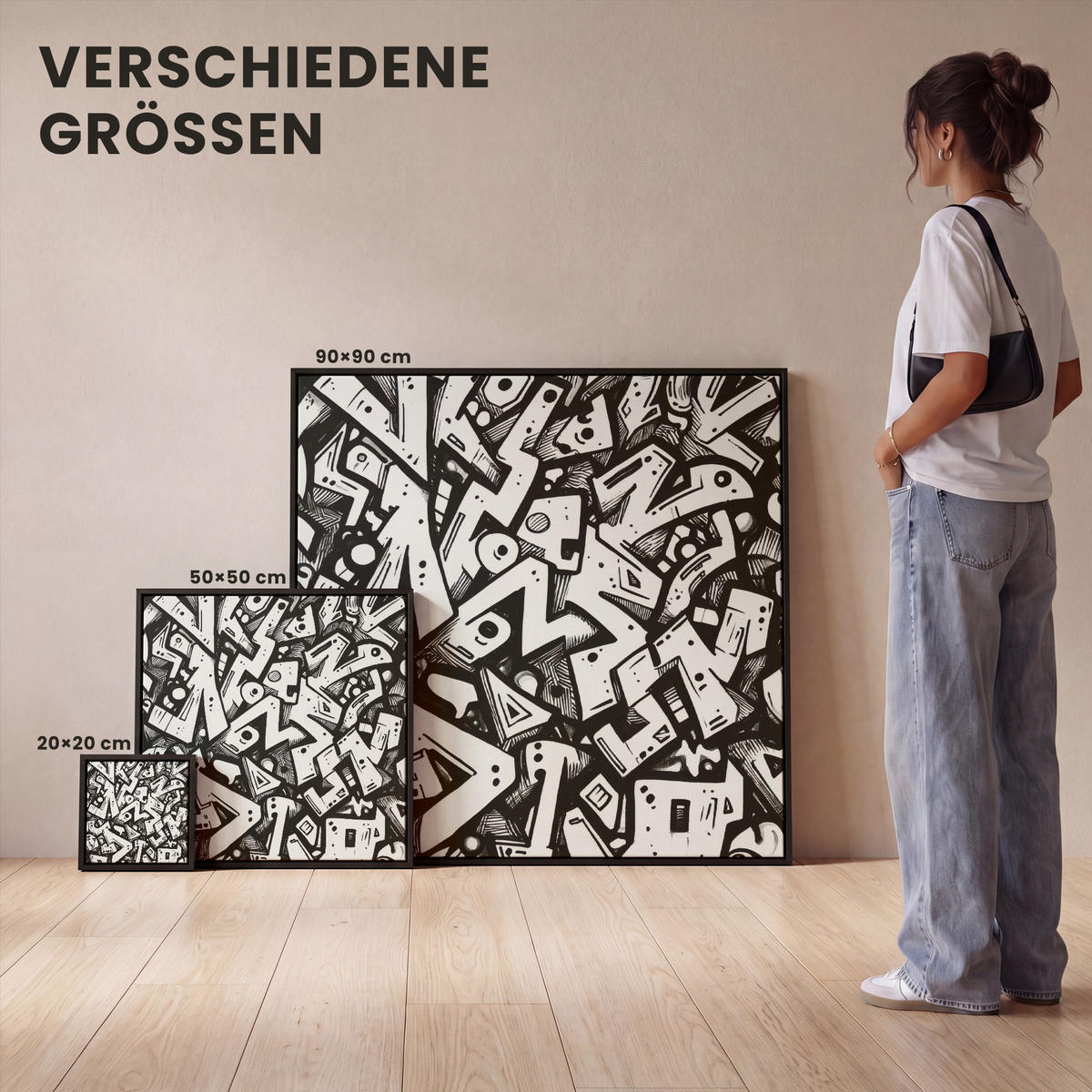 LEINWAND Bilder mit Rahmen - Formen - Buchstaben - Graffiti - Schwarz - 90x90 - Schwarz, Textil (90/90cm) - MuchoWow