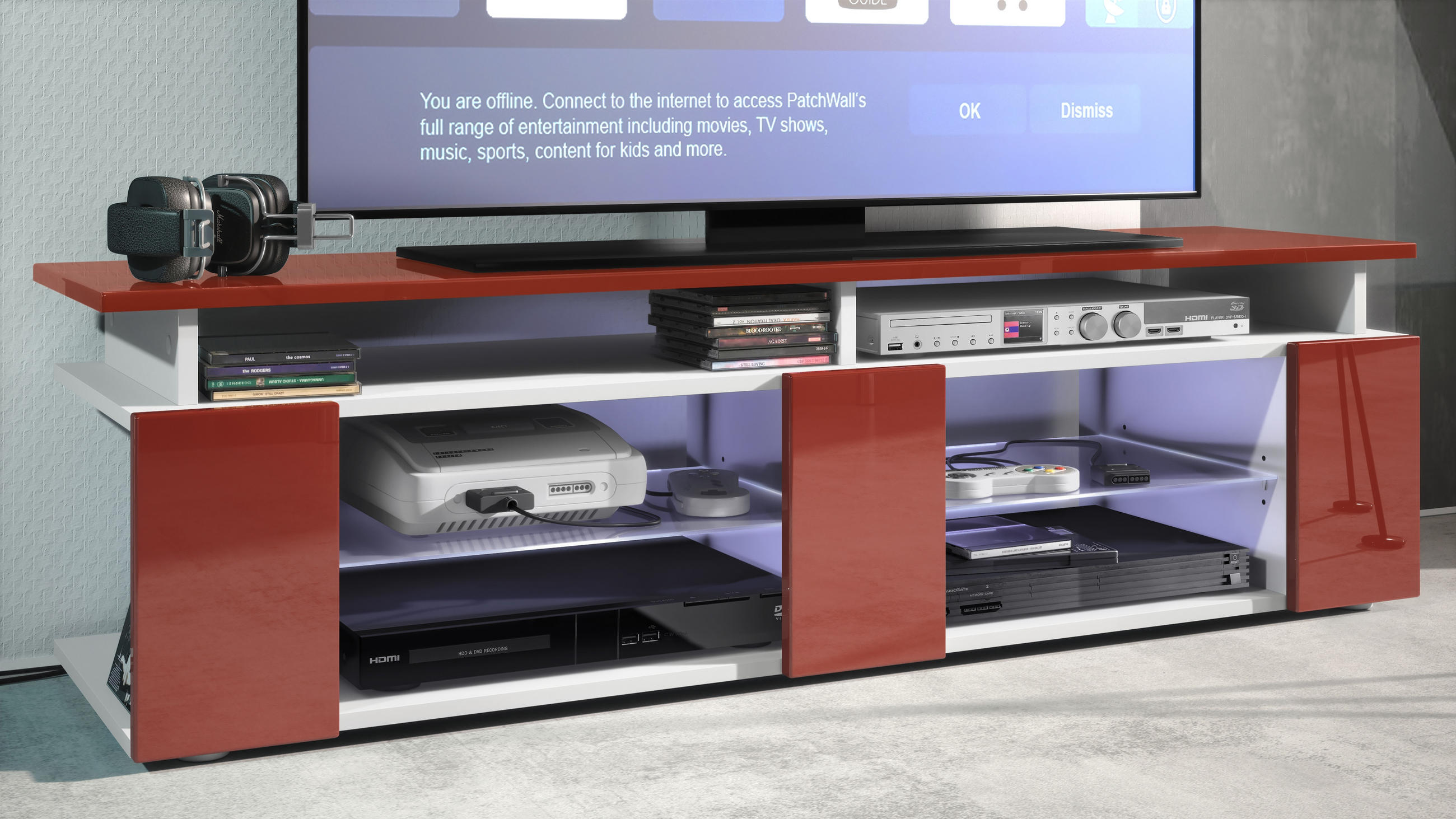 LOWBOARD Movie Fronten und obere Platte des Aufsatzes in Bordeaux Hochglanz - Bordeaux, Holzwerkstoff (138.5/39/39cm) - Vladon