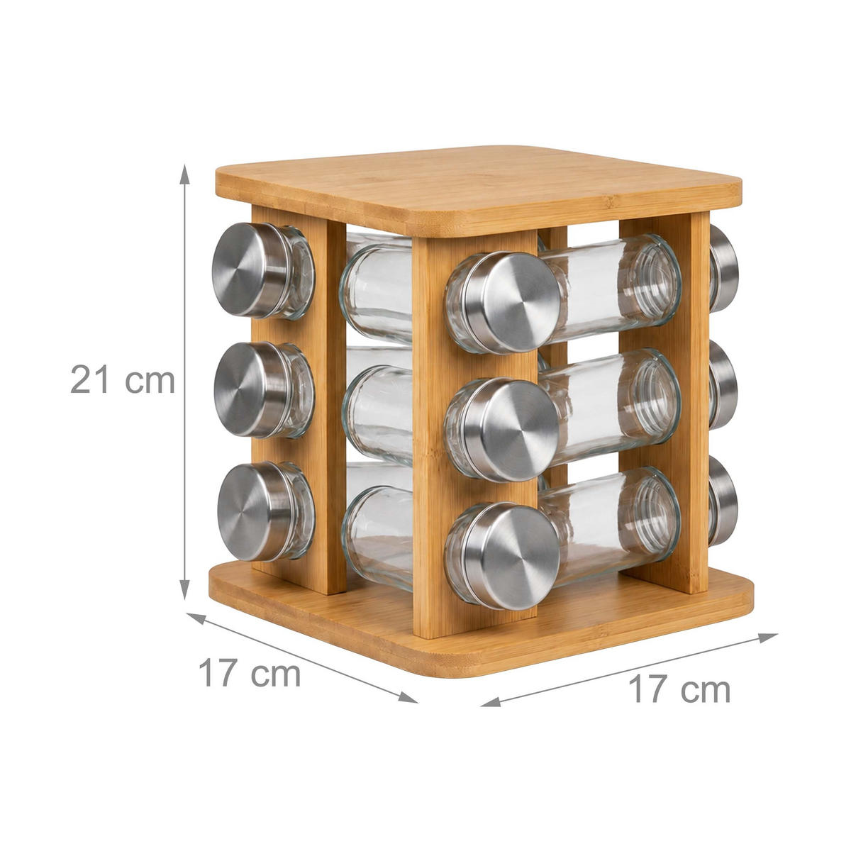 GEWÜRZKARUSSELL Natur Bambus 12er-Set - Multicolor, Glas/Holz (17/21/17cm) - Relaxdays